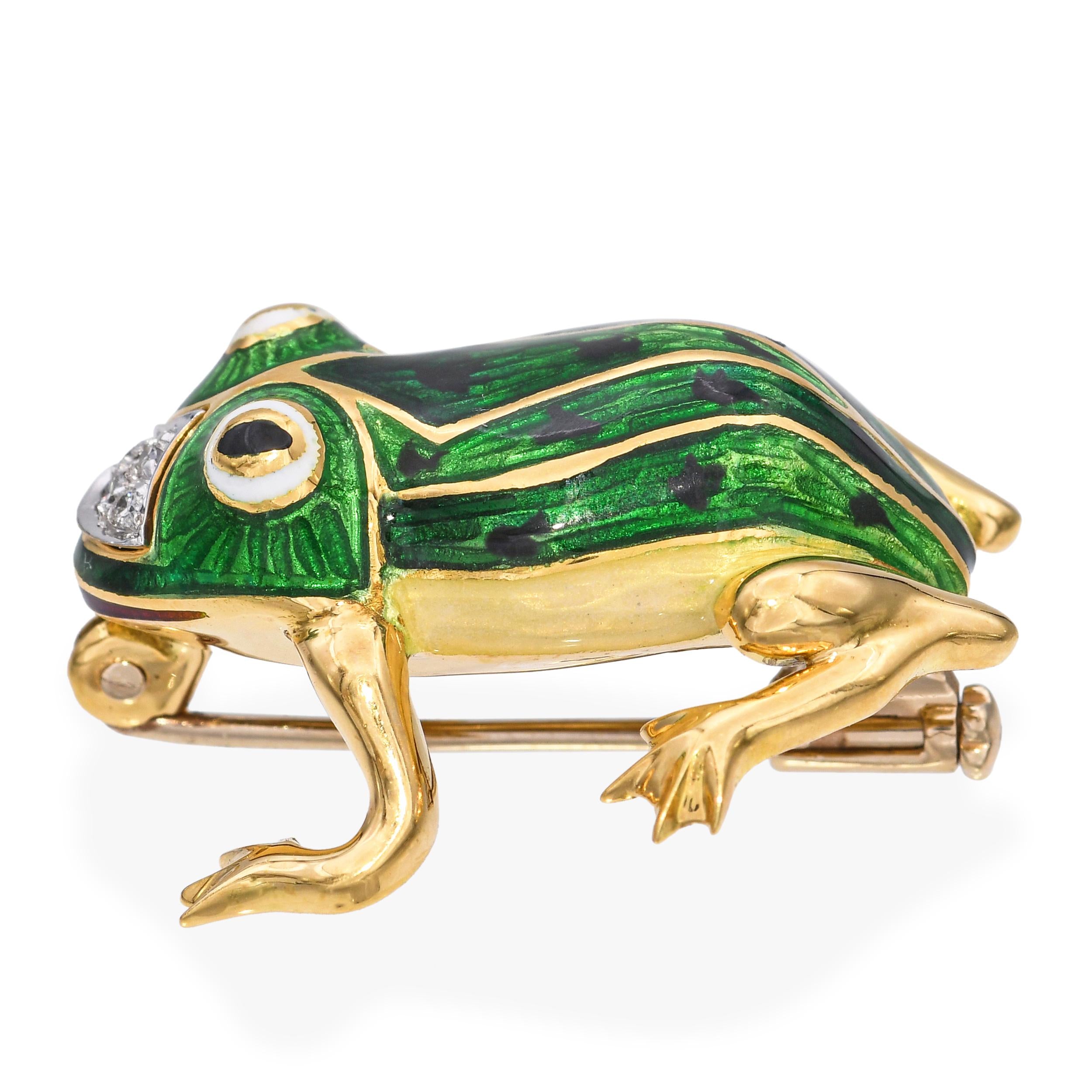 Vintage 18k Yellow Gold Diamond and Enamel Frog Brooch Pin