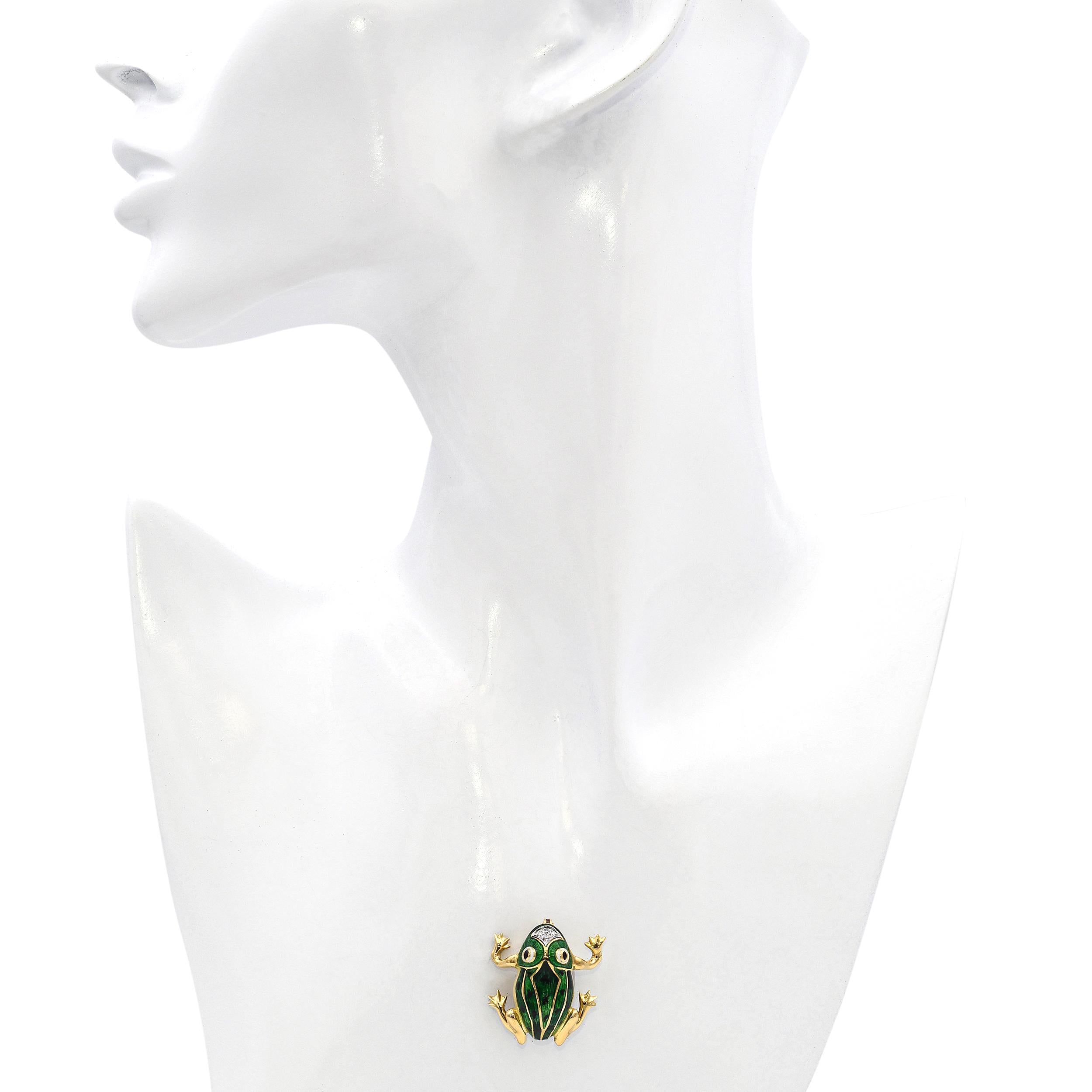 Vintage 18k Yellow Gold Diamond and Enamel Frog Brooch Pin