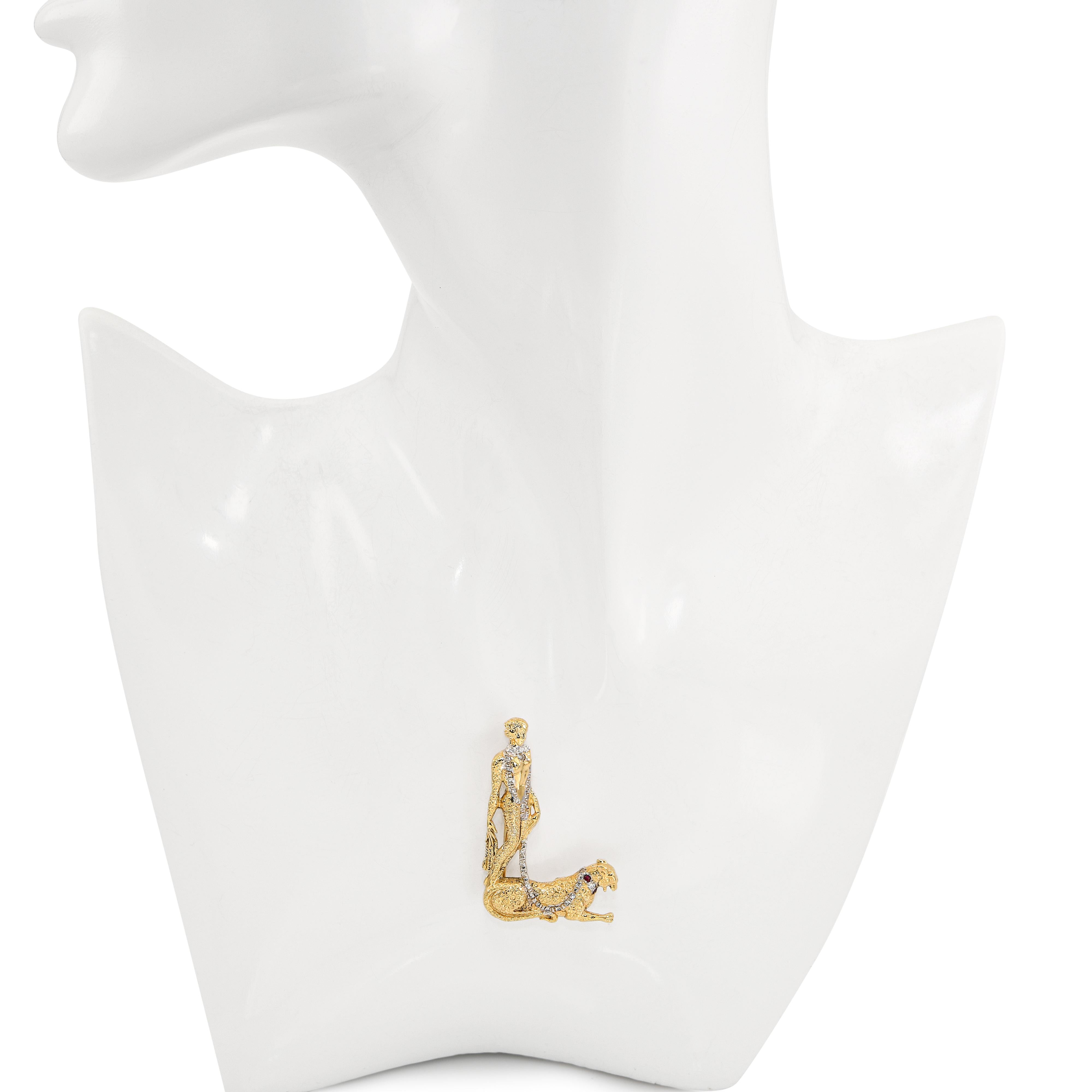 Erte 14k Yellow Gold Sultry Woman with Cheeta Diamond and Ruby Brooch Pin