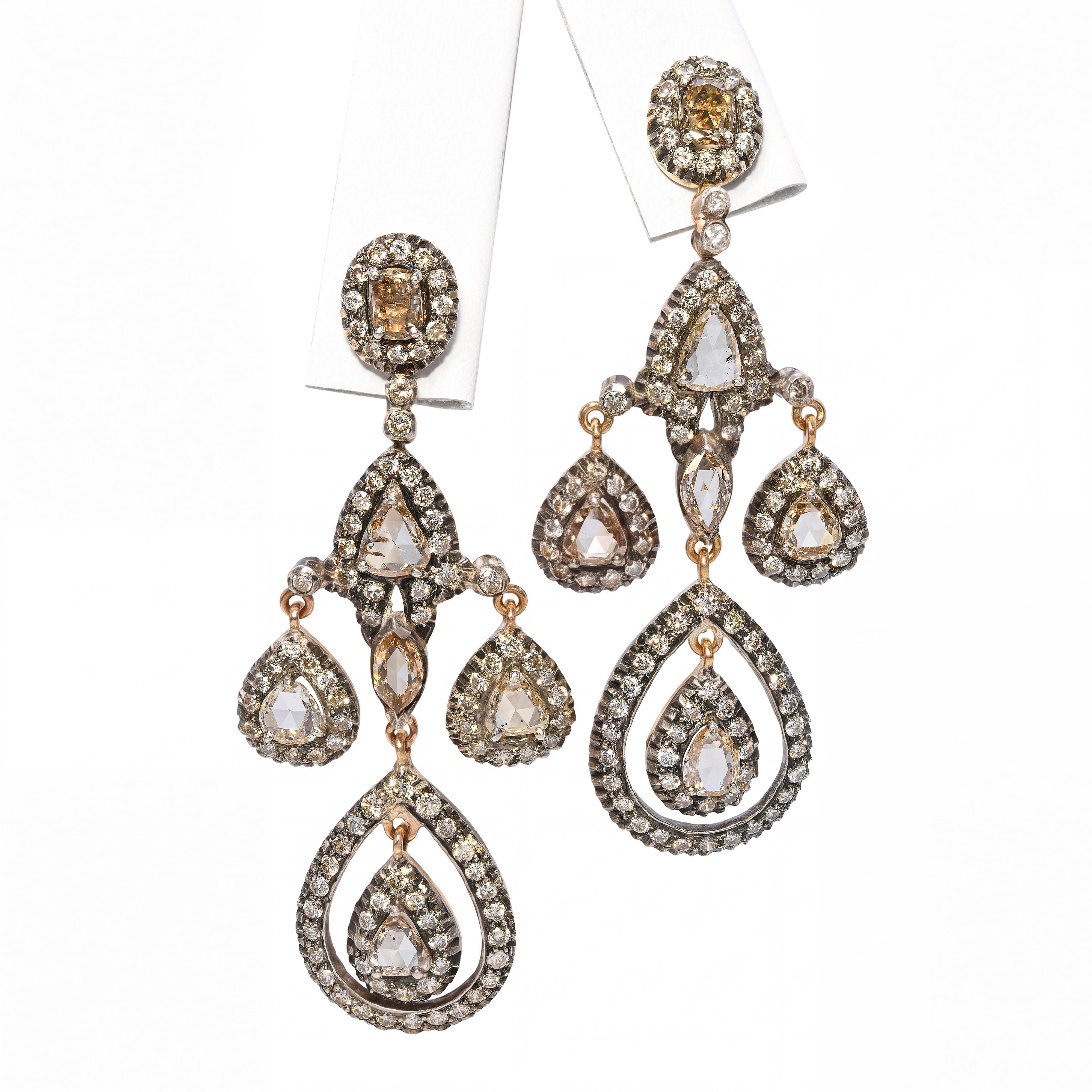 Vintage 6.16ctw 9k Rose Gold Sterling Rose Cut Diamond Drop Earrings