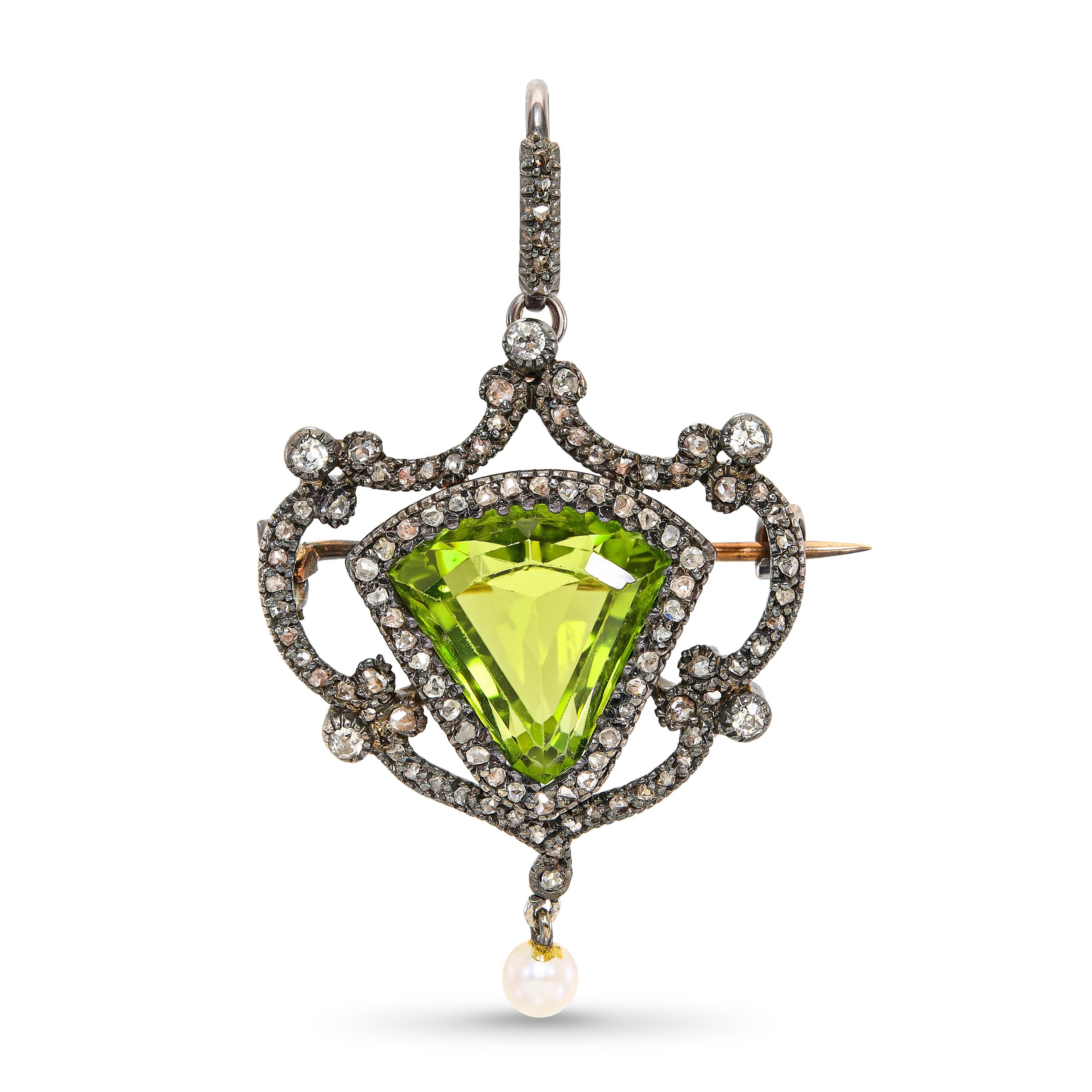 Antique Silver Topped Rose Gold Old Cut Diamond Natural Pearl and Peridot Brooch