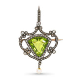 Antique Silver Topped Rose Gold Old Cut Diamond Natural Pearl and Peridot Brooch