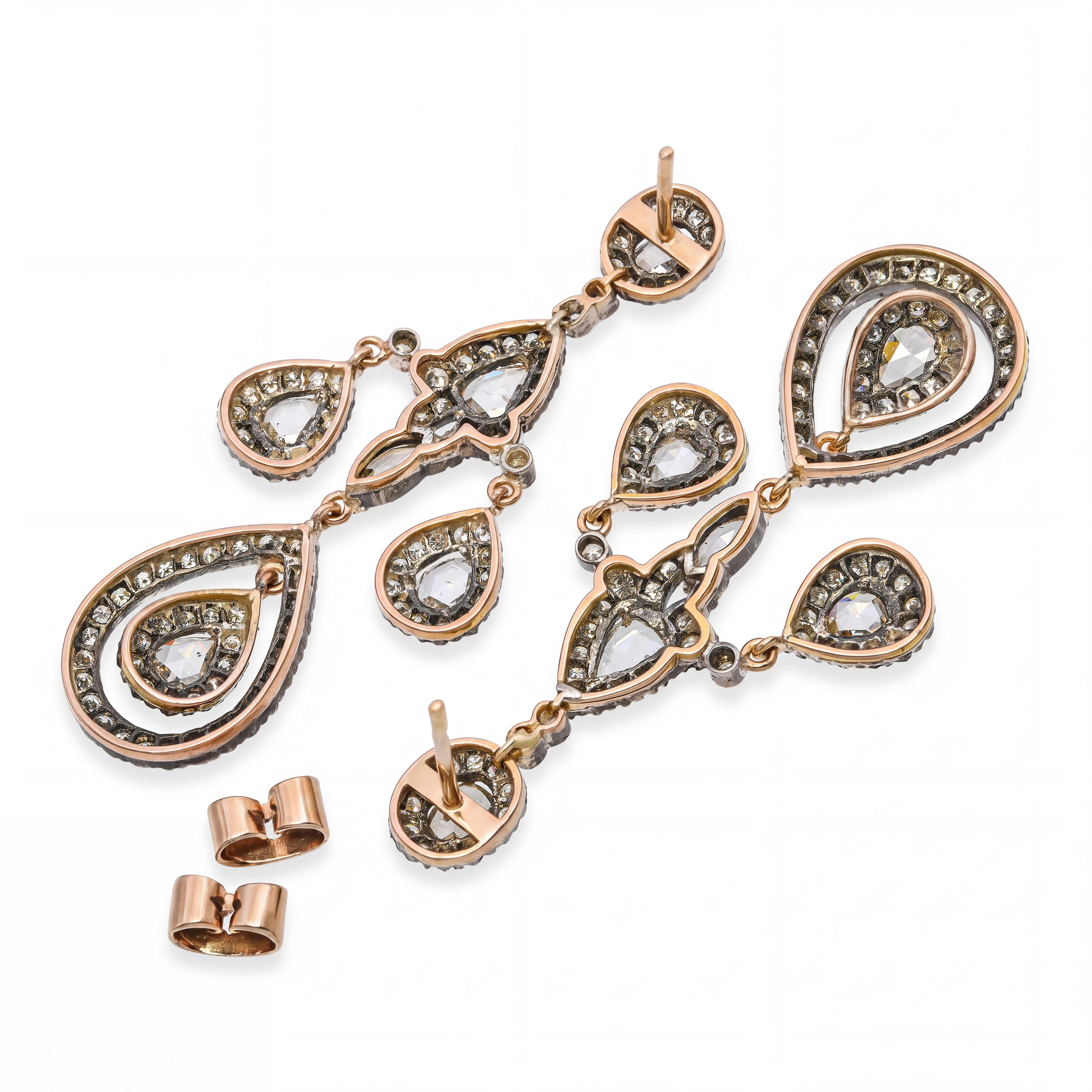 Vintage 6.16ctw 9k Rose Gold Sterling Rose Cut Diamond Drop Earrings