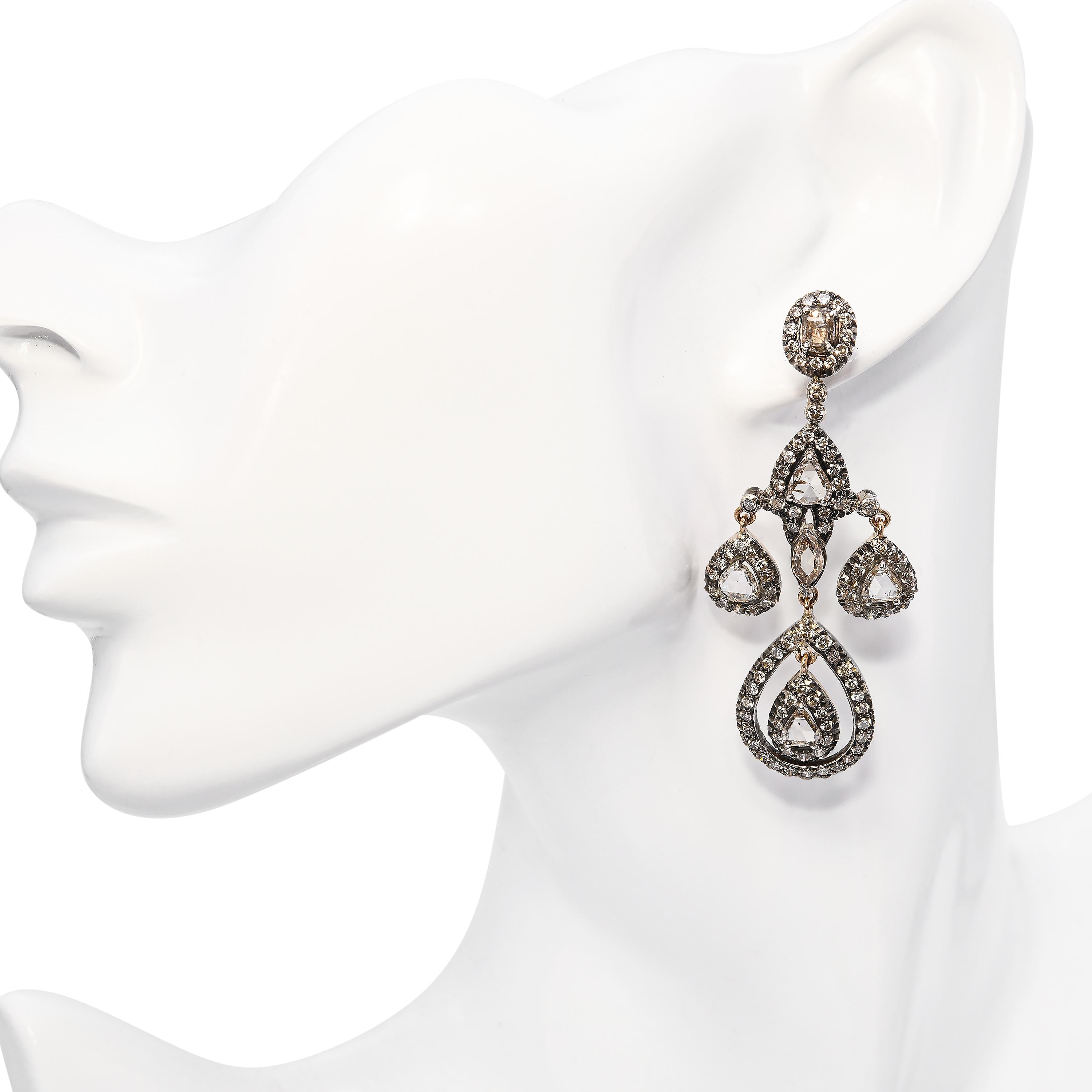Vintage 6.16ctw 9k Rose Gold Sterling Rose Cut Diamond Drop Earrings