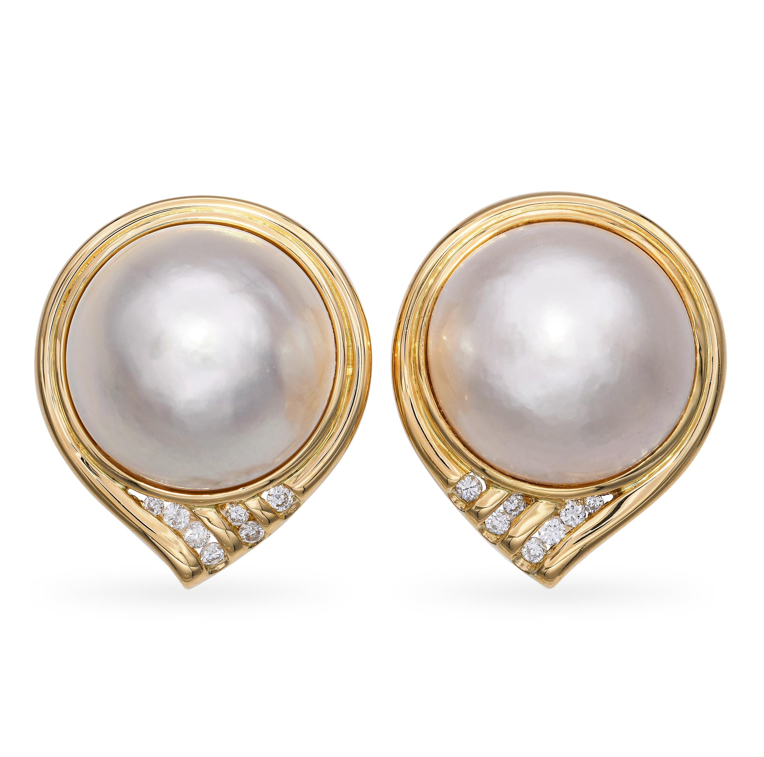 Vintage 18k Yellow Gold Mabe Pearl and Diamond Statement Earrings