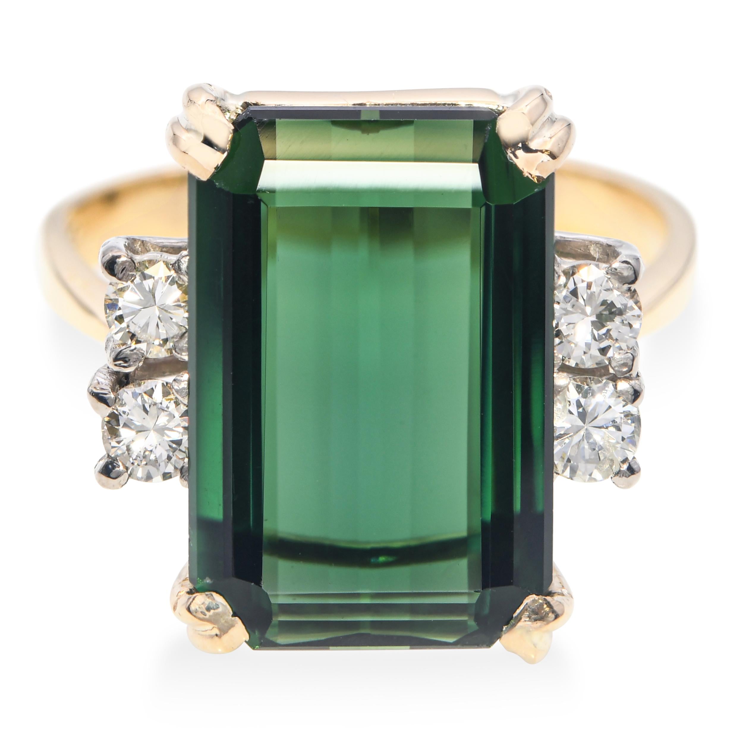 Vintage 18k Yellow Gold 6.51ct Vivid Green Tourmaline and Diamond Ring