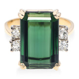 Vintage 18k Yellow Gold 6.51ct Vivid Green Tourmaline and Diamond Ring