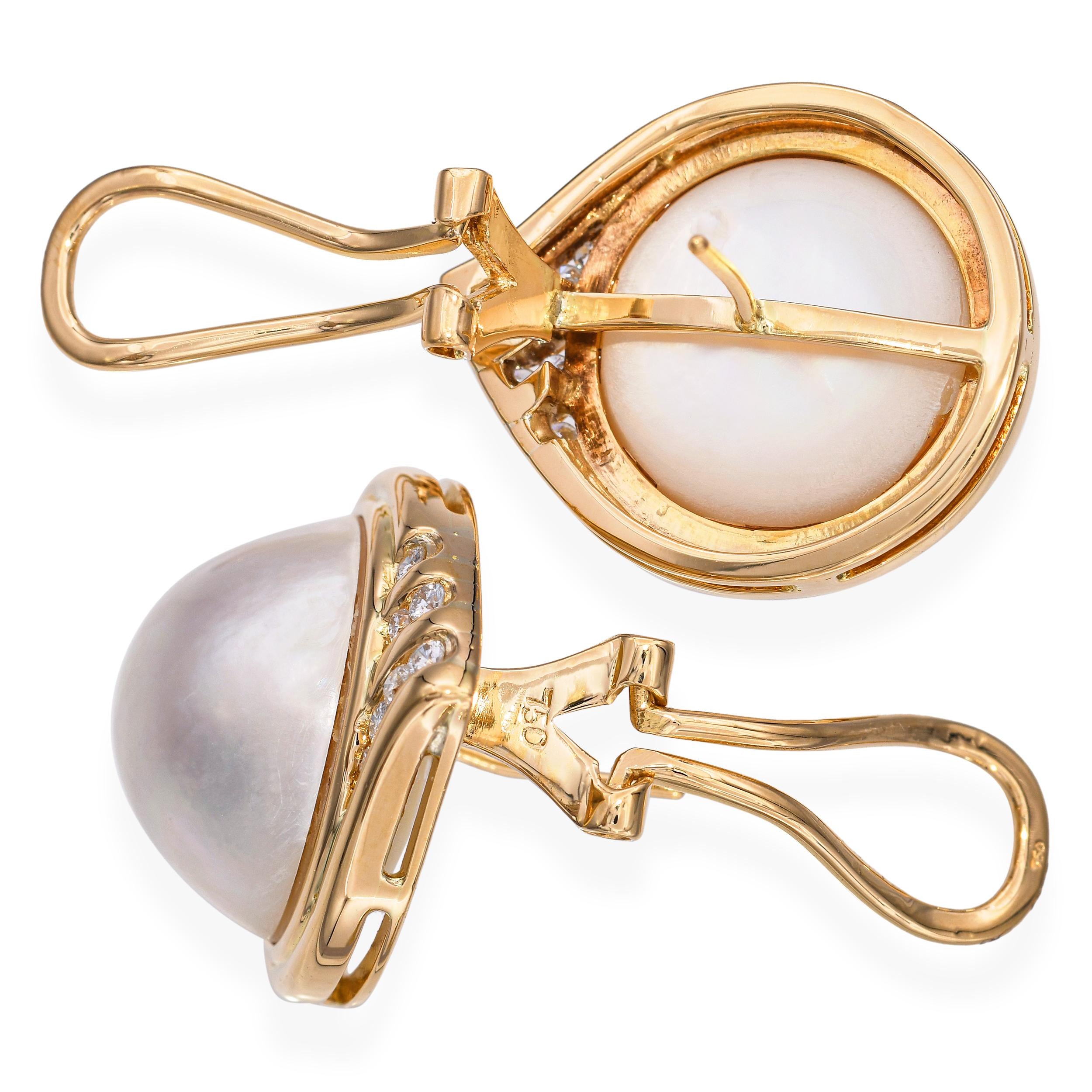 Vintage 18k Yellow Gold Mabe Pearl and Diamond Statement Earrings