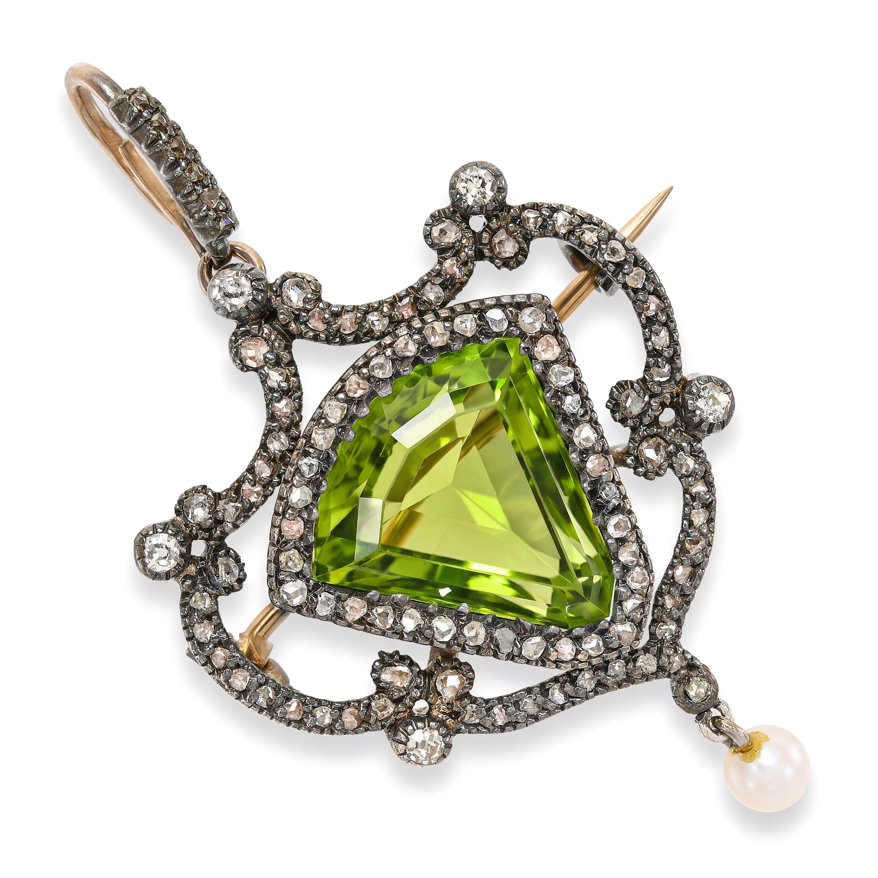 Antique Silver Topped Rose Gold Old Cut Diamond Natural Pearl and Peridot Brooch