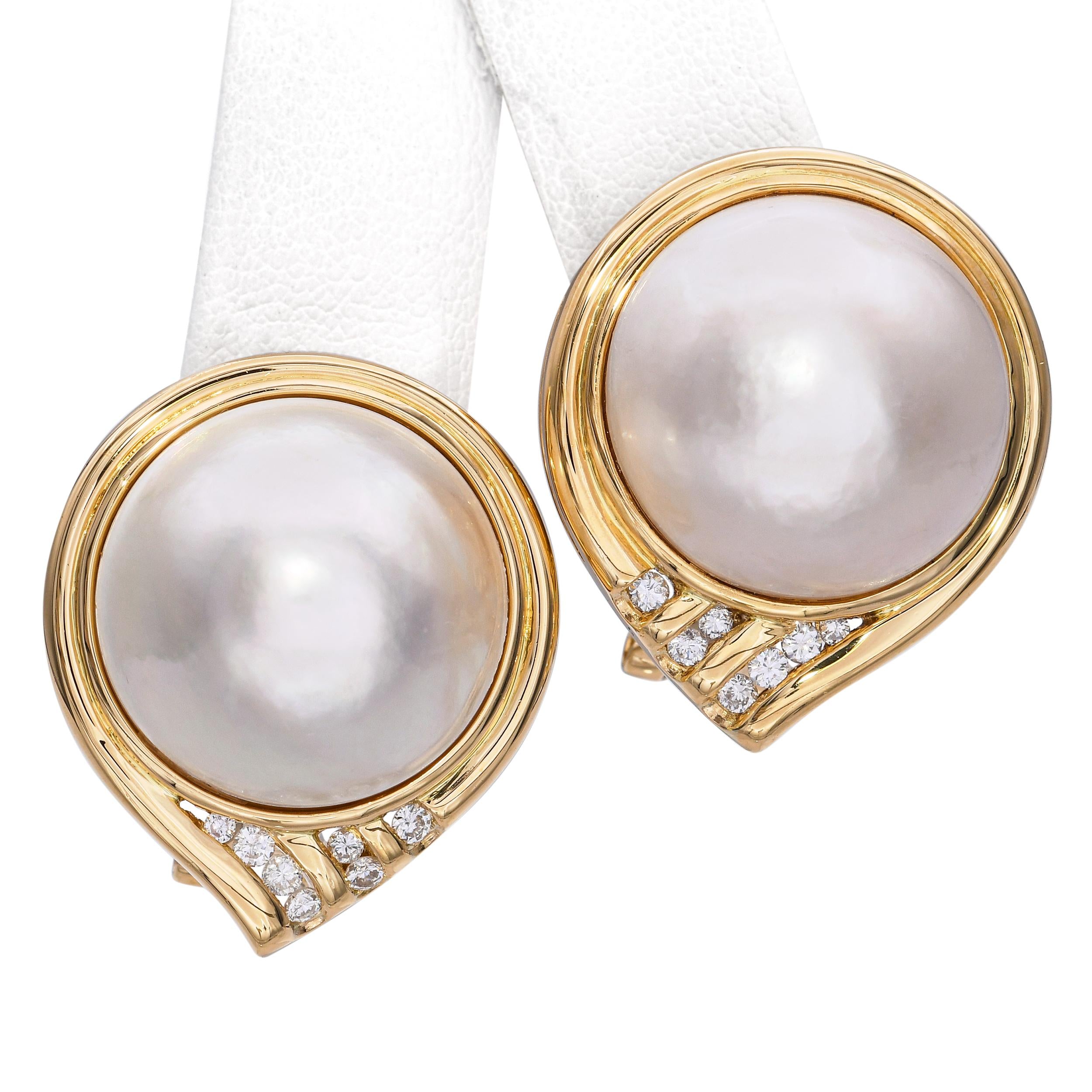 Vintage 18k Yellow Gold Mabe Pearl and Diamond Statement Earrings