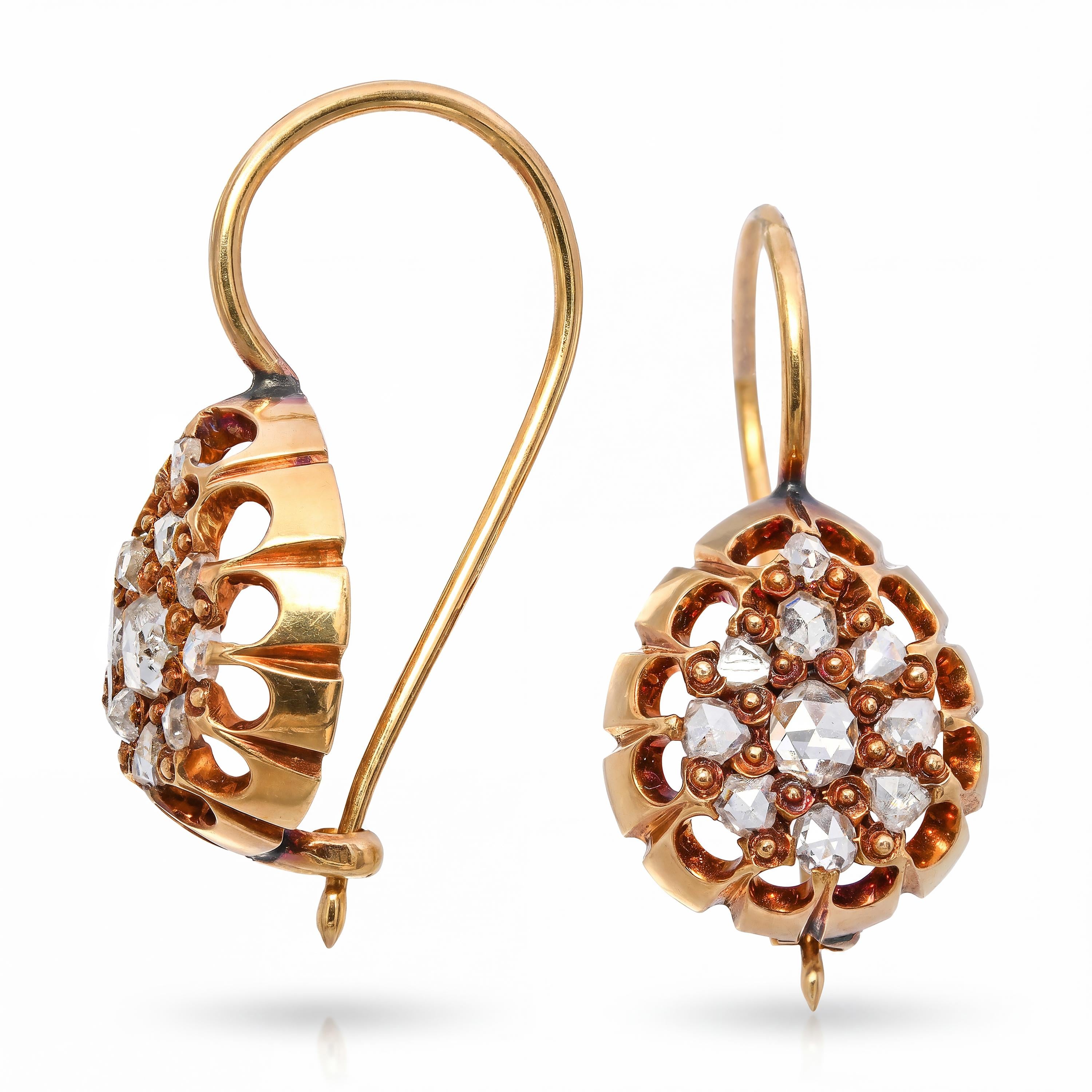 Antique Victorian 17k Yellow Gold .46ctw Rose Cut Diamond Earrings
