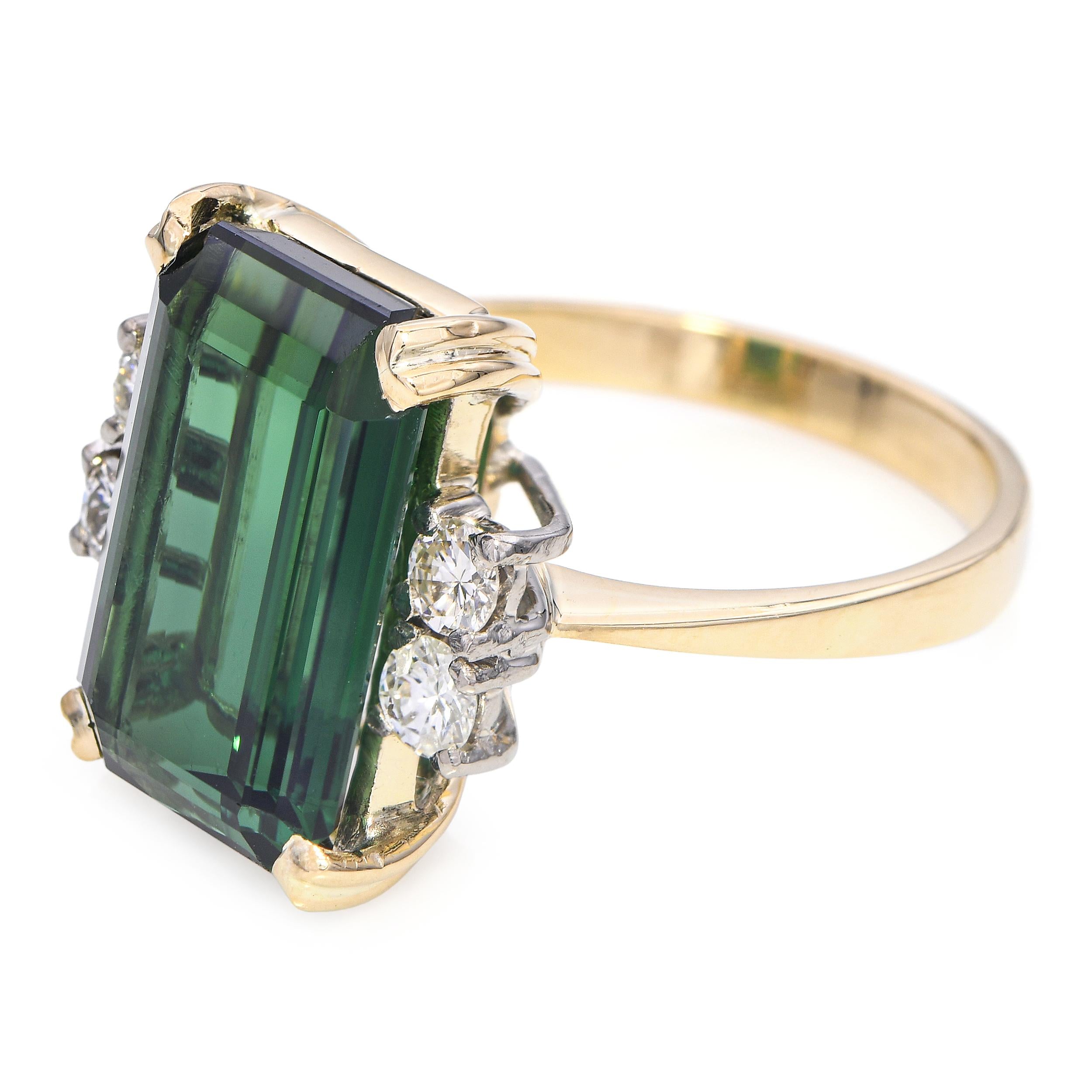 Vintage 18k Yellow Gold 6.51ct Vivid Green Tourmaline and Diamond Ring