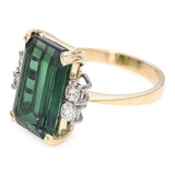 Vintage 18k Yellow Gold 6.51ct Vivid Green Tourmaline and Diamond Ring