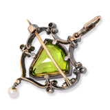 Antique Silver Topped Rose Gold Old Cut Diamond Natural Pearl and Peridot Brooch