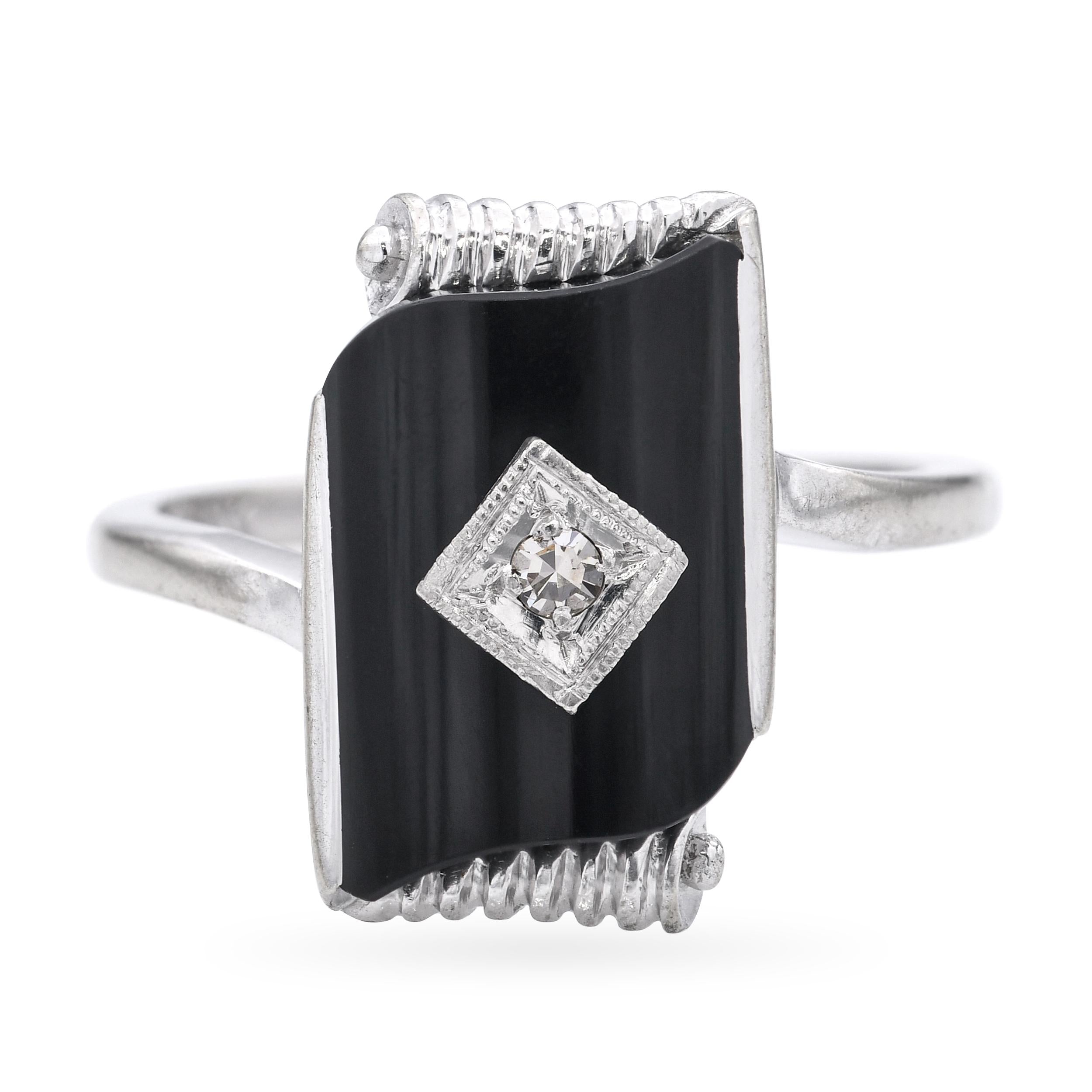 Vintage 10k White Gold Black Onyx and Diamond Ring