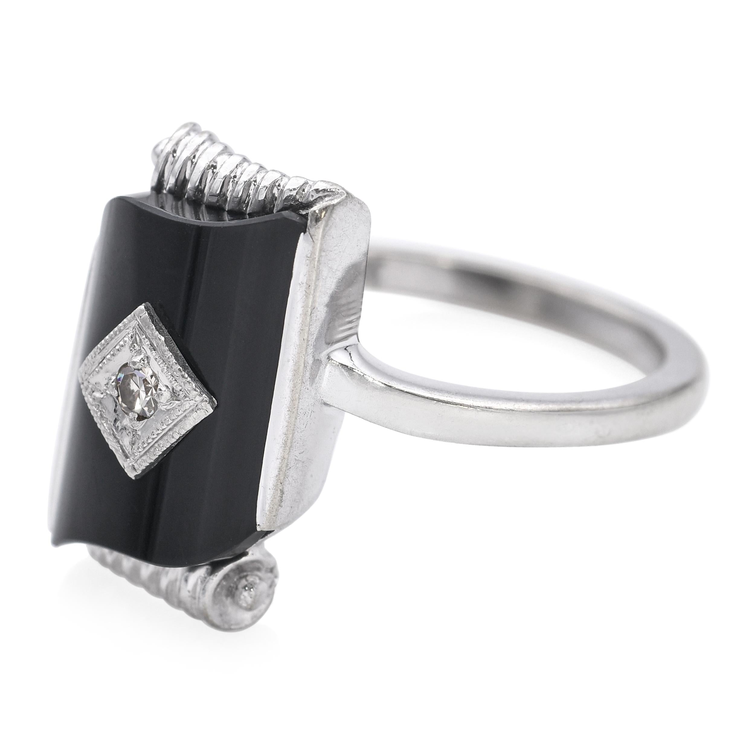 Vintage 10k White Gold Black Onyx and Diamond Ring