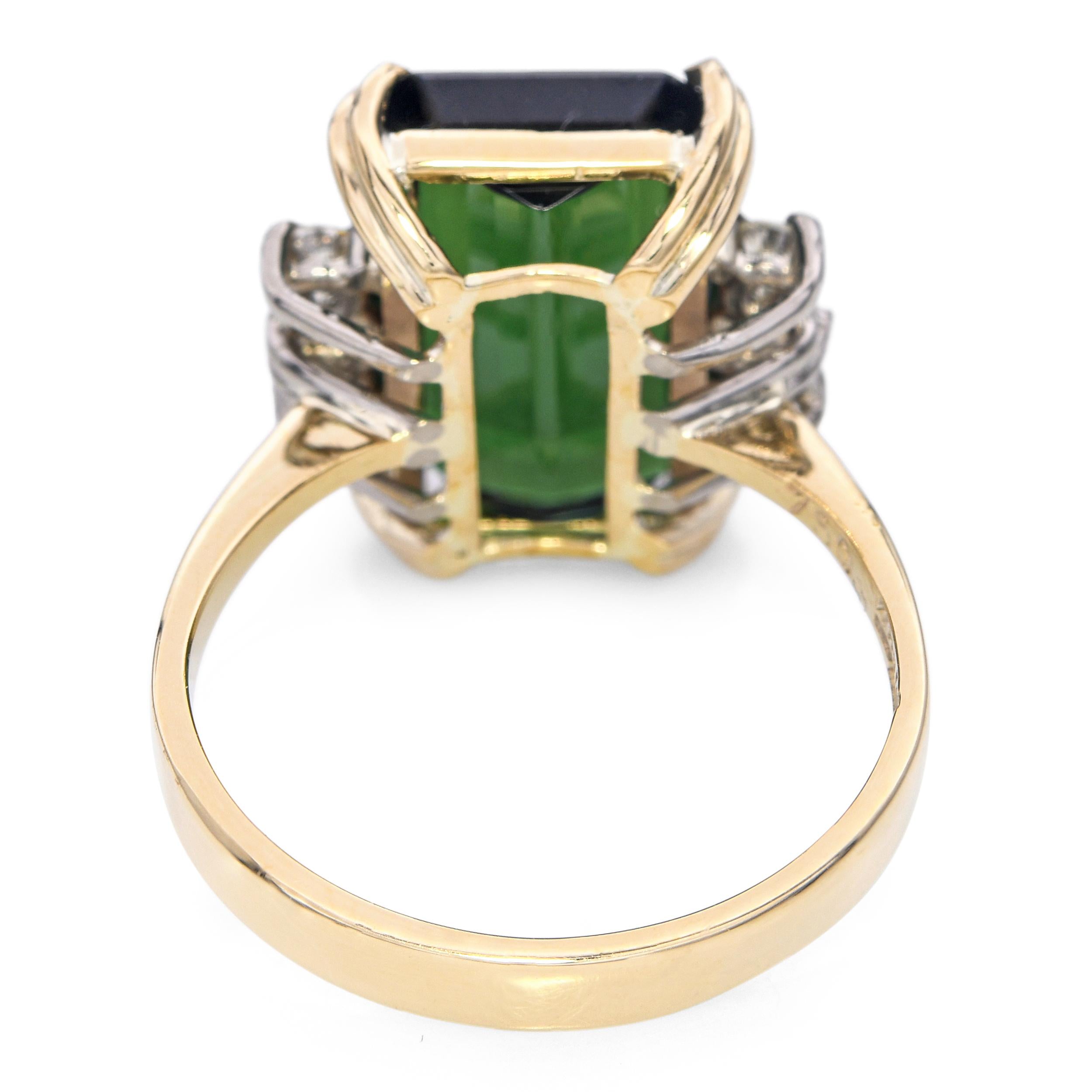Vintage 18k Yellow Gold 6.51ct Vivid Green Tourmaline and Diamond Ring