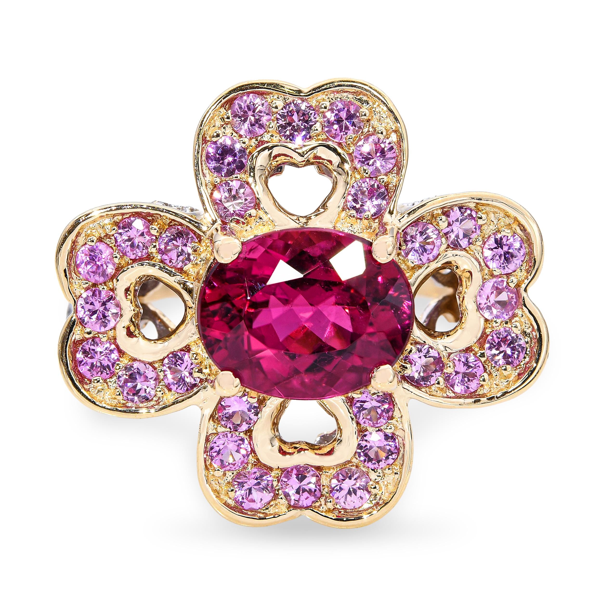 14k Yellow Gold 3.03ct Rubellite Tourmaline Diamond & Pink Sapphire Ring
