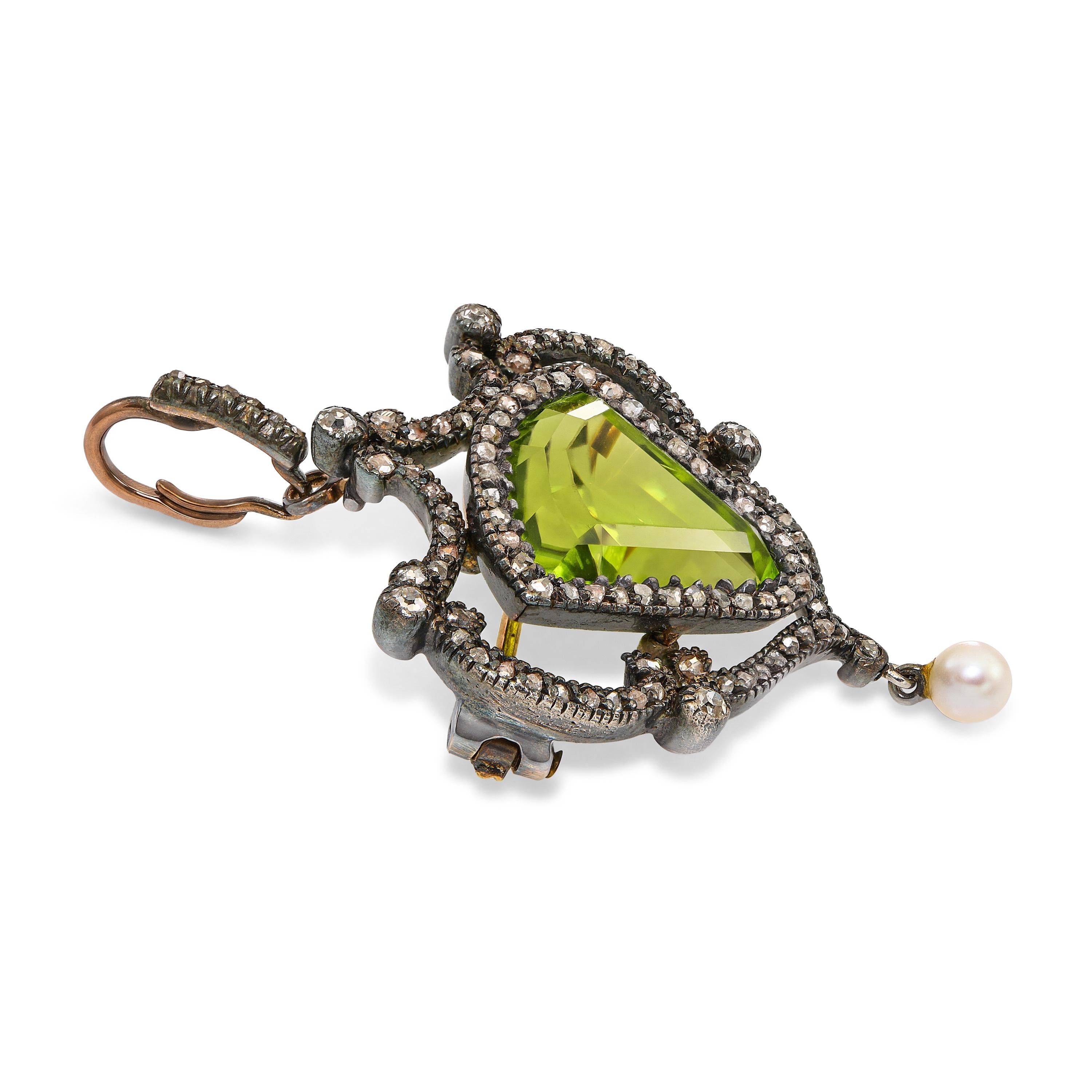 Antique Silver Topped Rose Gold Old Cut Diamond Natural Pearl and Peridot Brooch