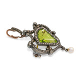 Antique Silver Topped Rose Gold Old Cut Diamond Natural Pearl and Peridot Brooch