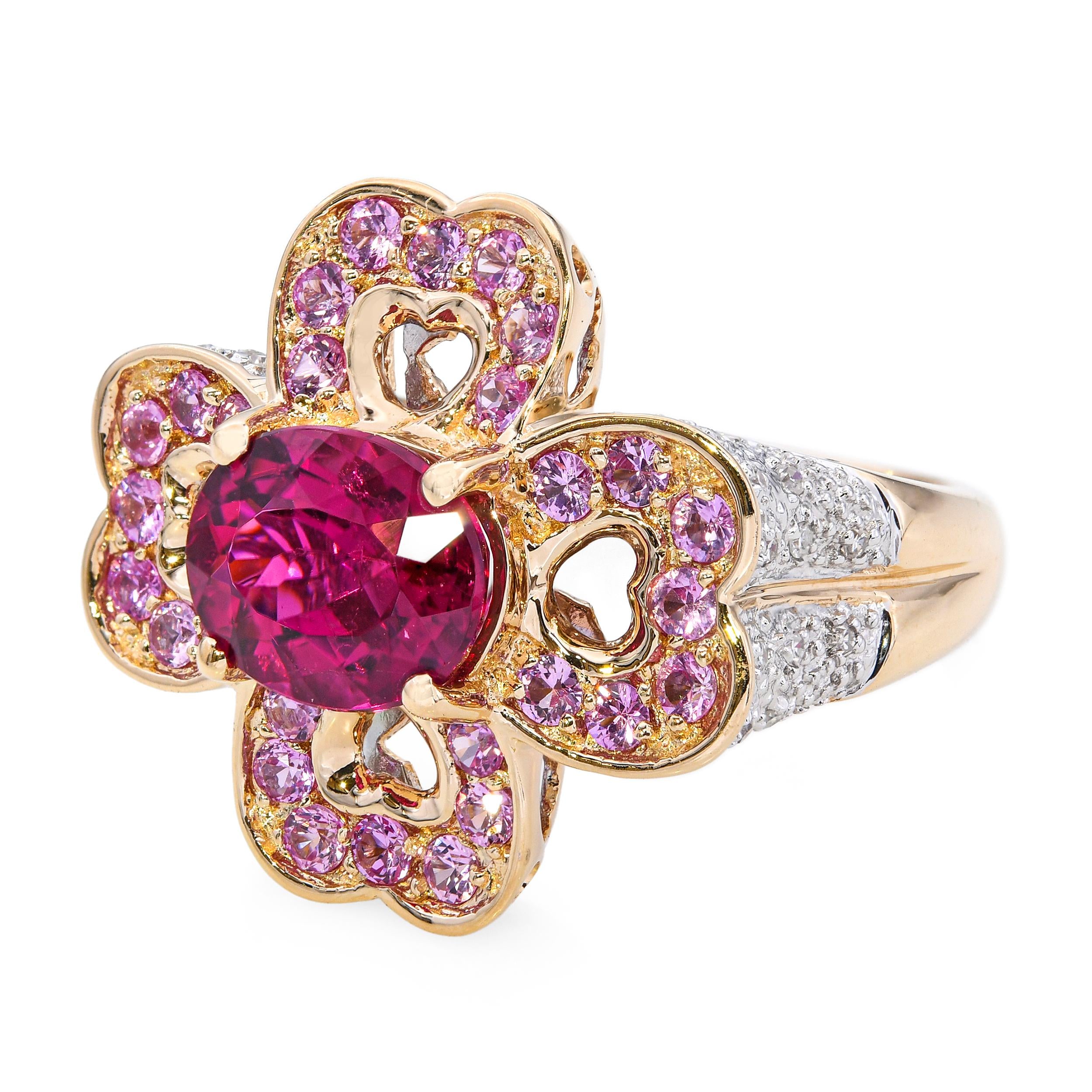 14k Yellow Gold 3.03ct Rubellite Tourmaline Diamond & Pink Sapphire Ring