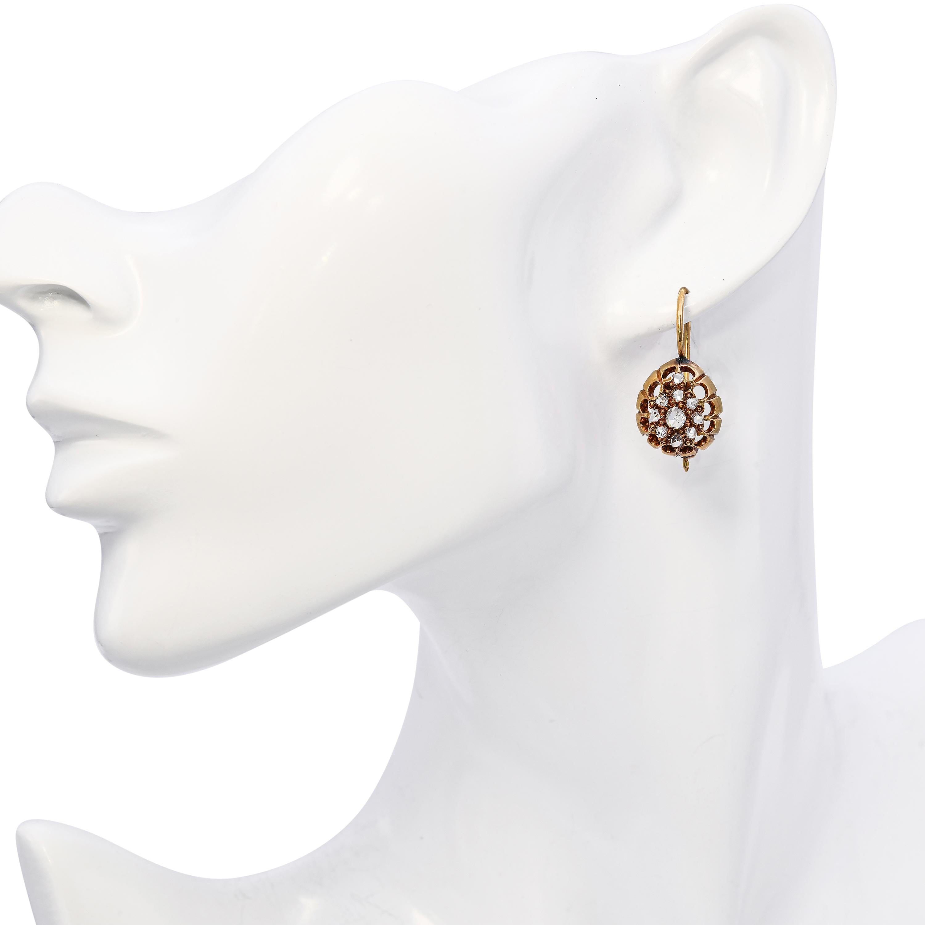 Antique Victorian 17k Yellow Gold .46ctw Rose Cut Diamond Earrings