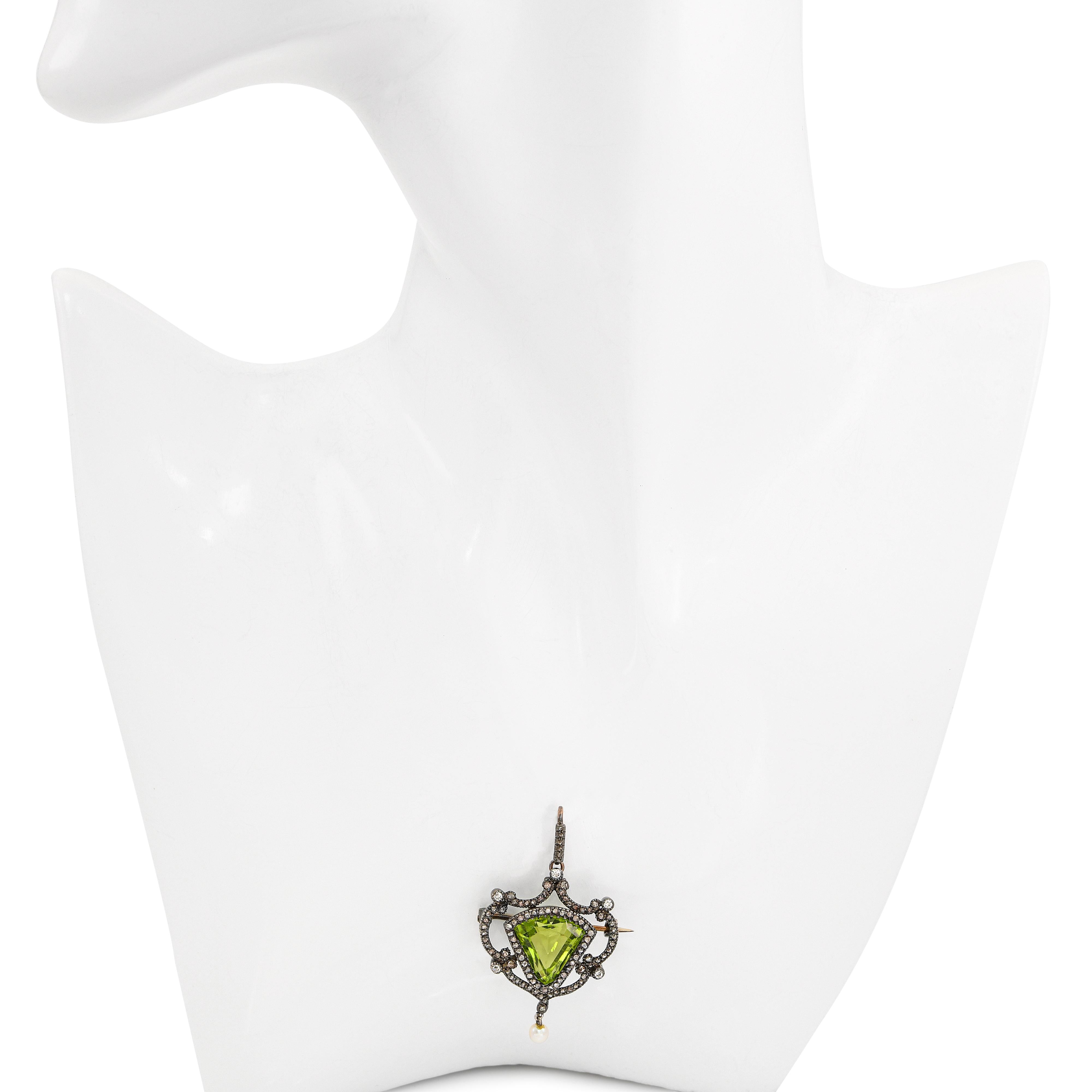 Antique Silver Topped Rose Gold Old Cut Diamond Natural Pearl and Peridot Brooch