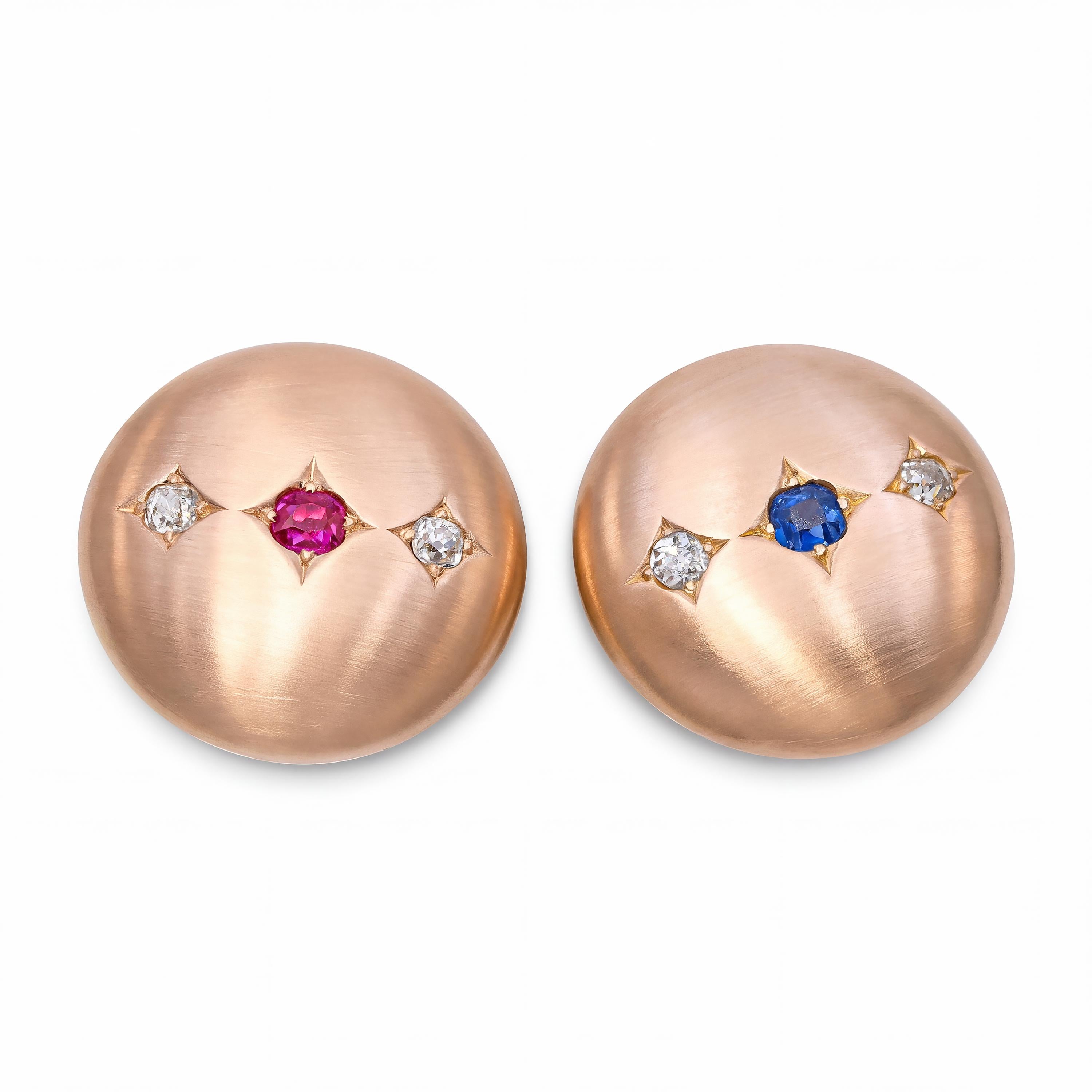 Antique Yellow Gold Ruby Sapphire and Old Mine Cut Diamond Cufflinks