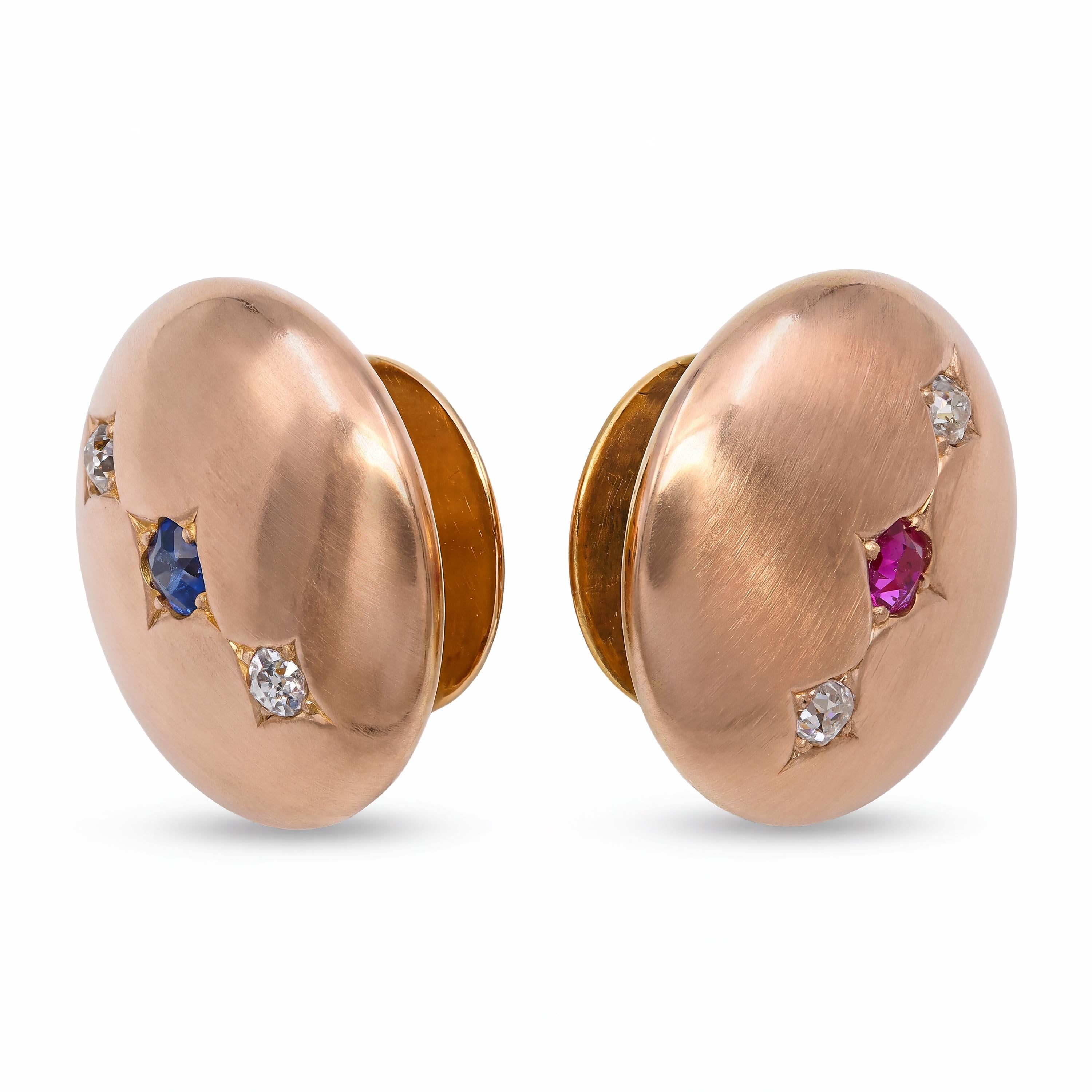 Antique Yellow Gold Ruby Sapphire and Old Mine Cut Diamond Cufflinks