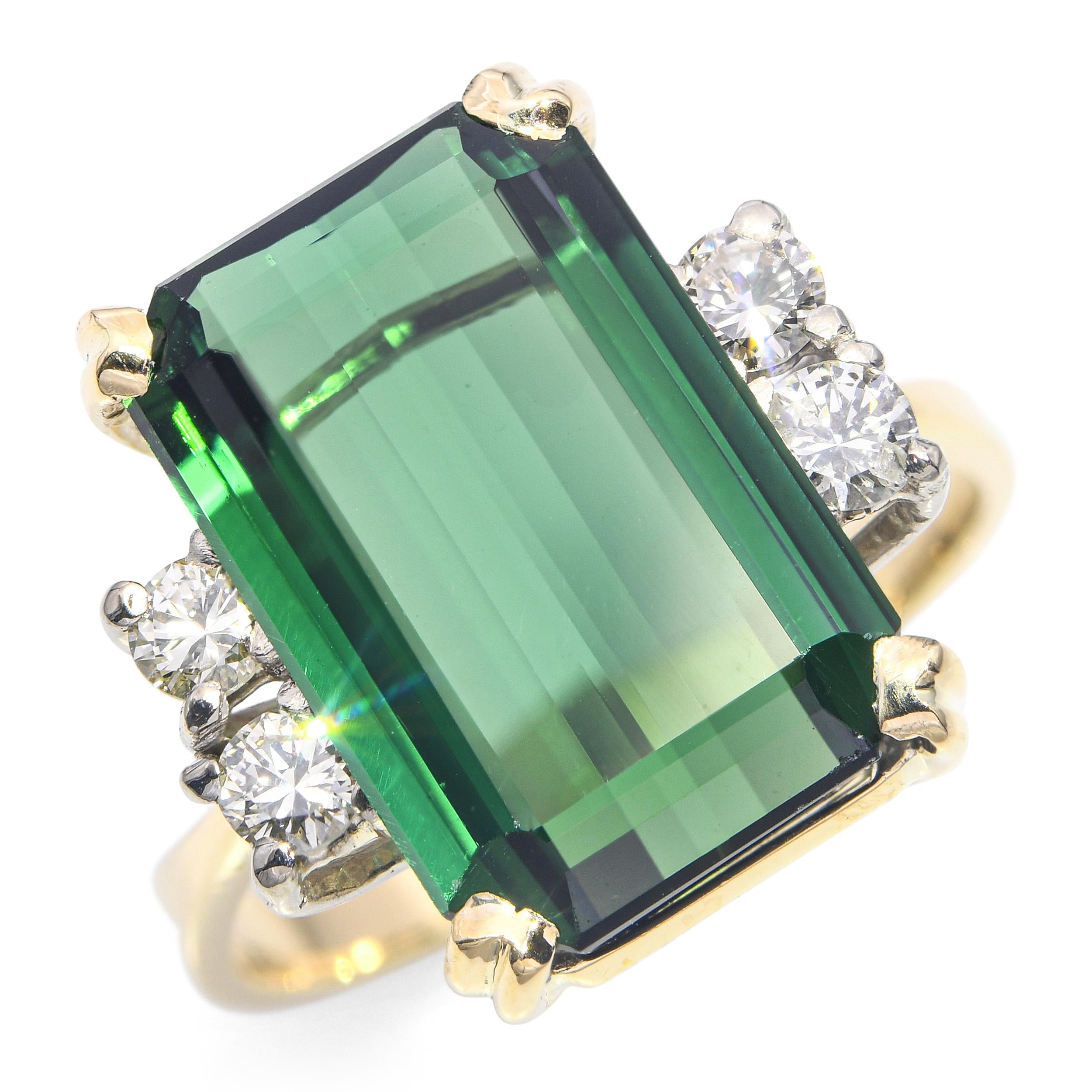 Vintage 18k Yellow Gold 6.51ct Vivid Green Tourmaline and Diamond Ring