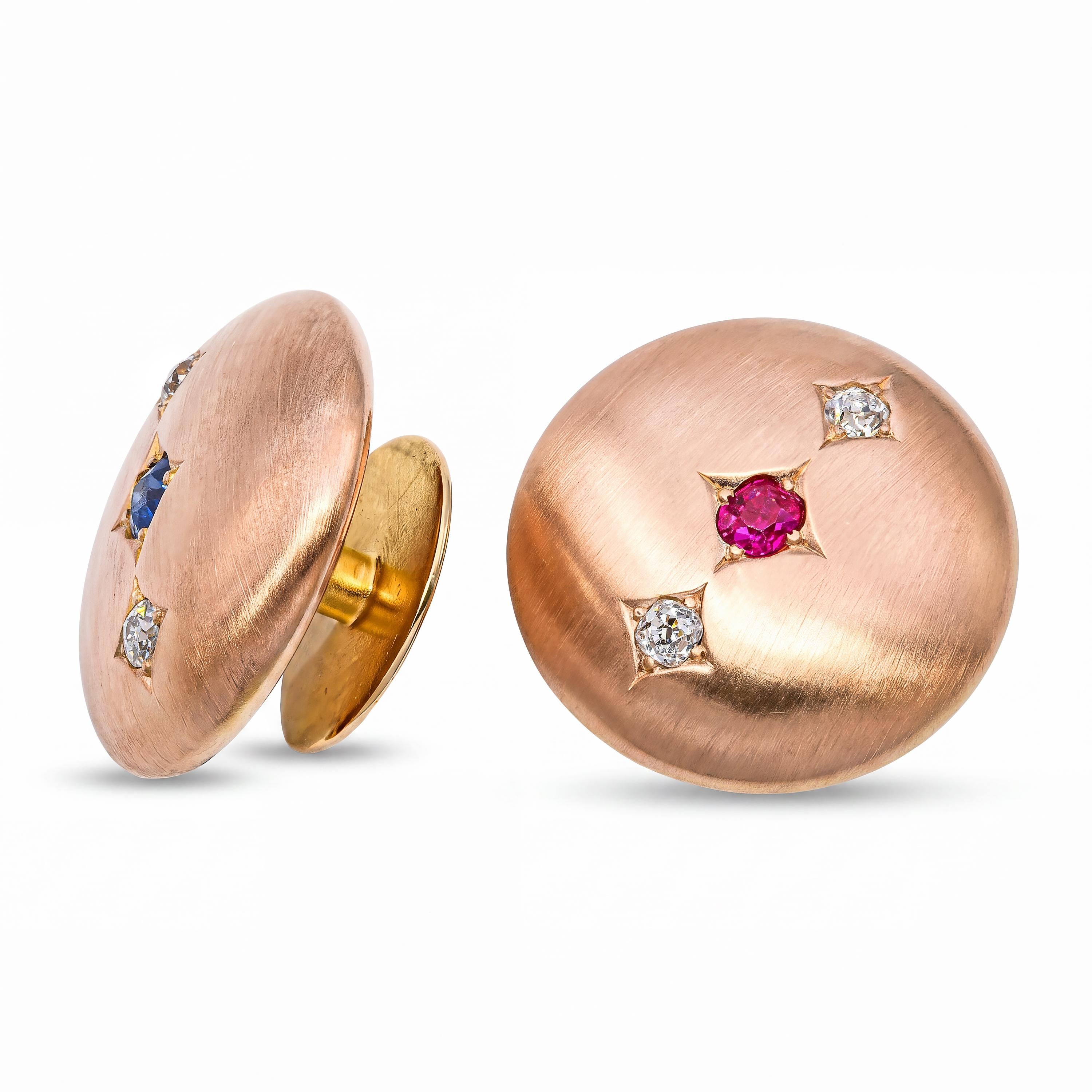 Antique Yellow Gold Ruby Sapphire and Old Mine Cut Diamond Cufflinks
