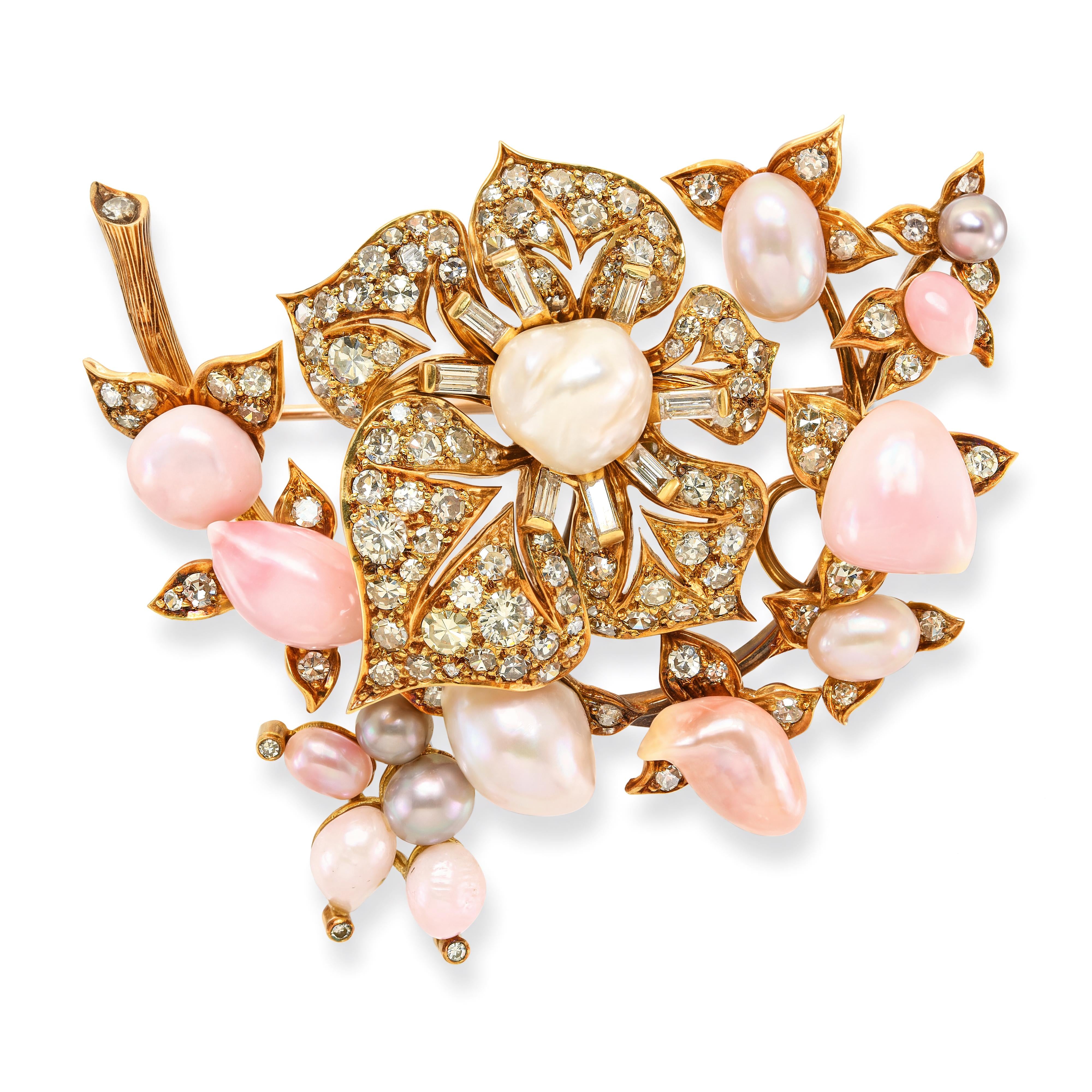 Vintage 18k Yellow Gold Conch Pearl, Diamond and Pearl Pendant Brooch