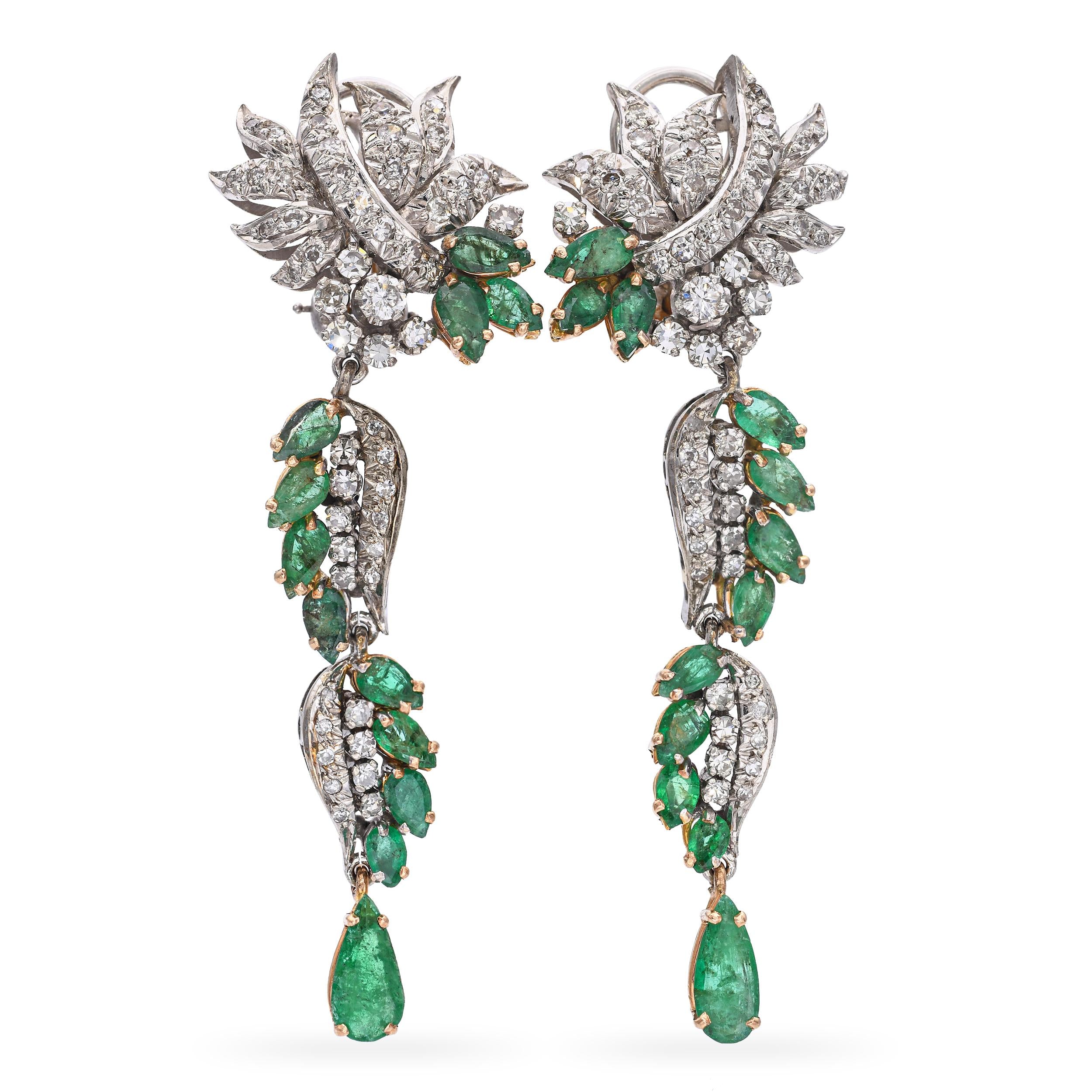 Vintage Yellow and White Gold Diamond and Emerald Statement Drop Earrings