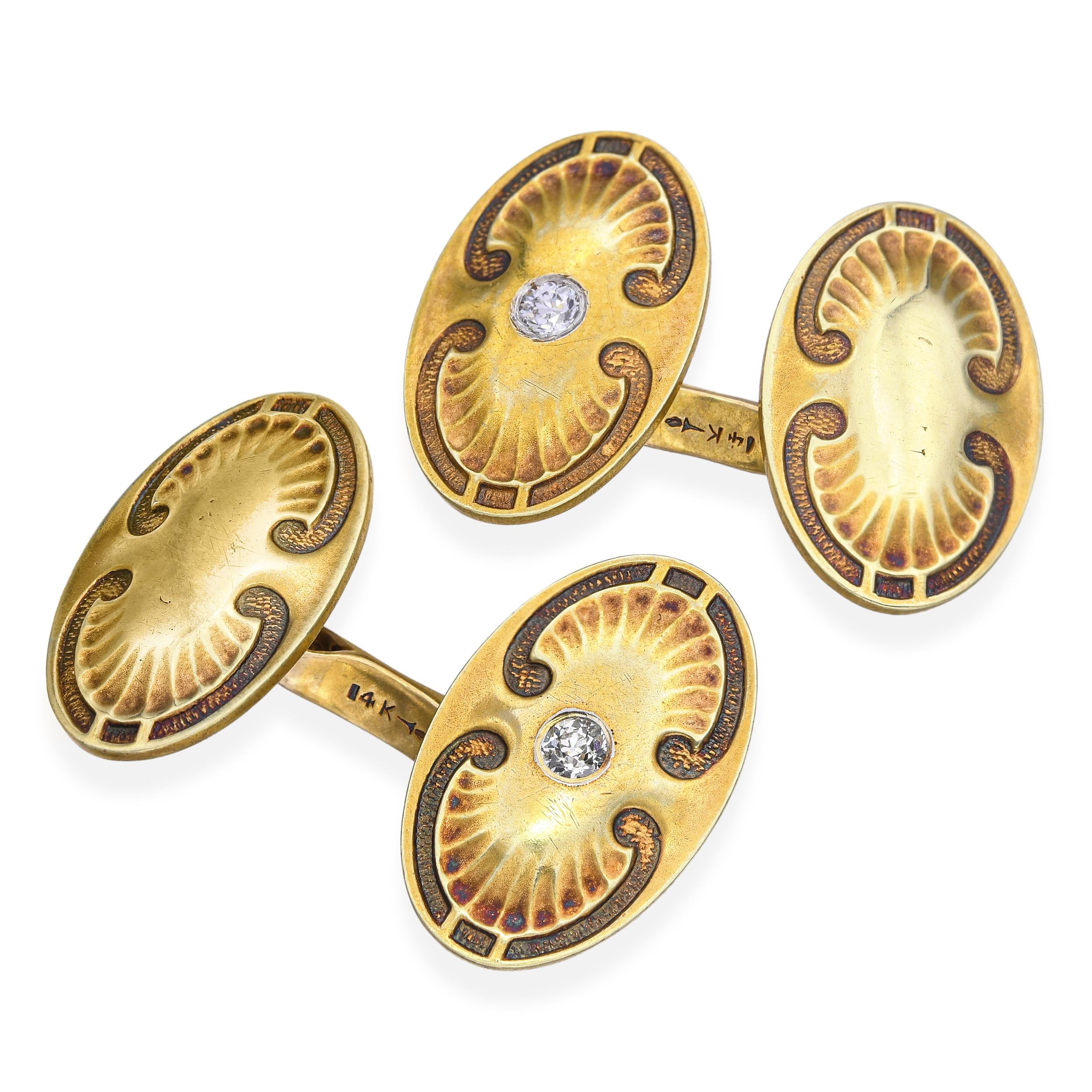 Antique Art Nuevo 14k Yellow Gold Diamond Motif Cufflinks