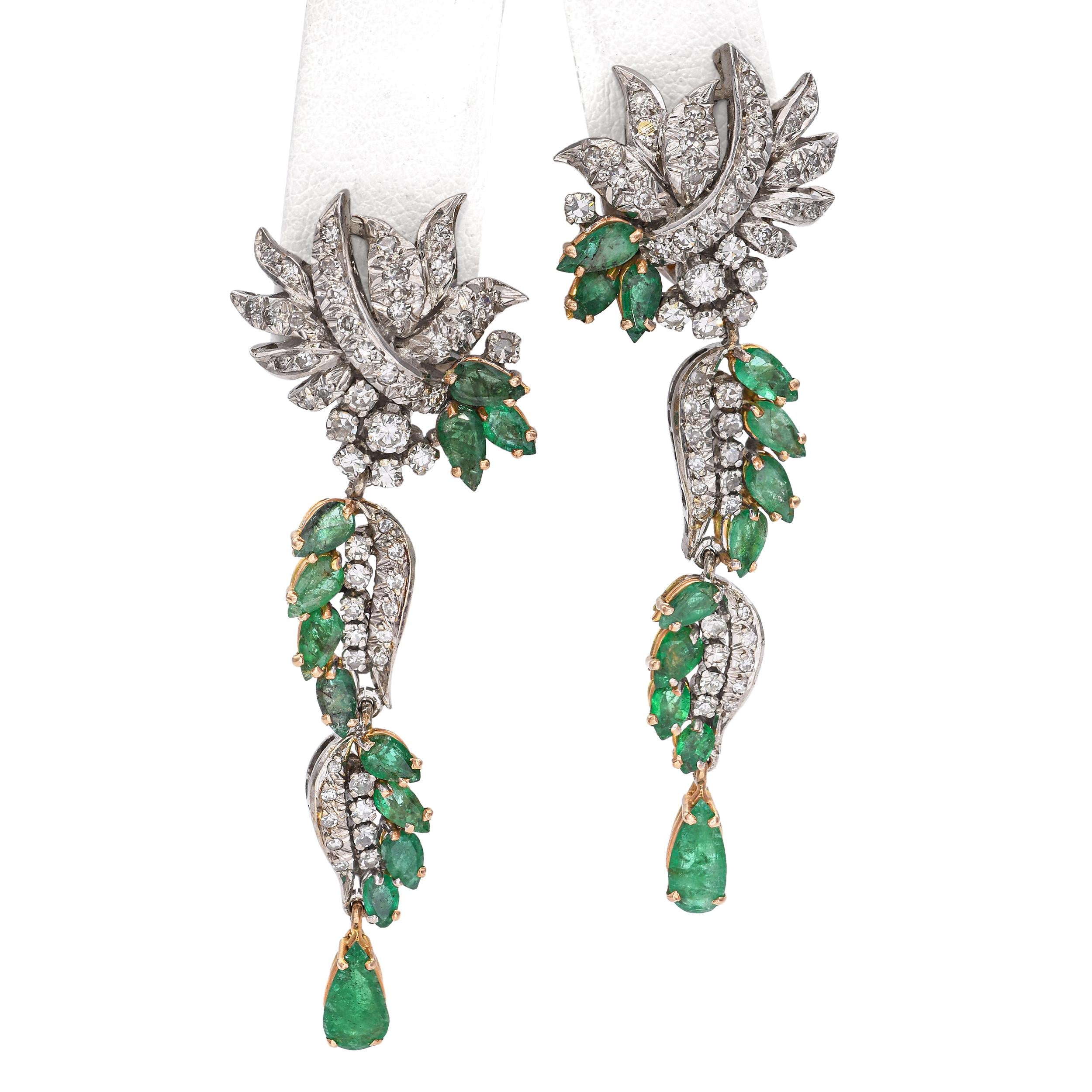 Vintage Yellow and White Gold Diamond and Emerald Statement Drop Earrings