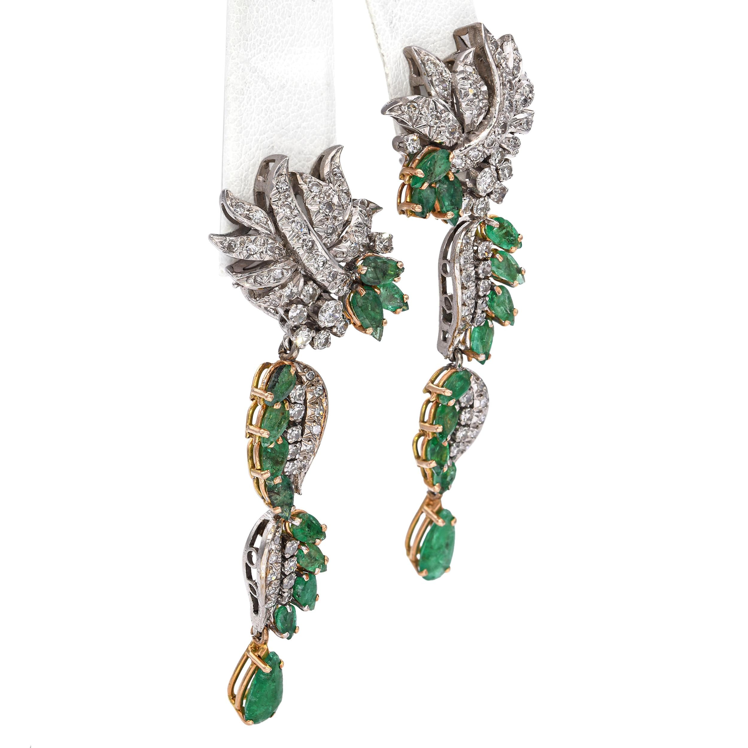 Vintage Yellow and White Gold Diamond and Emerald Statement Drop Earrings