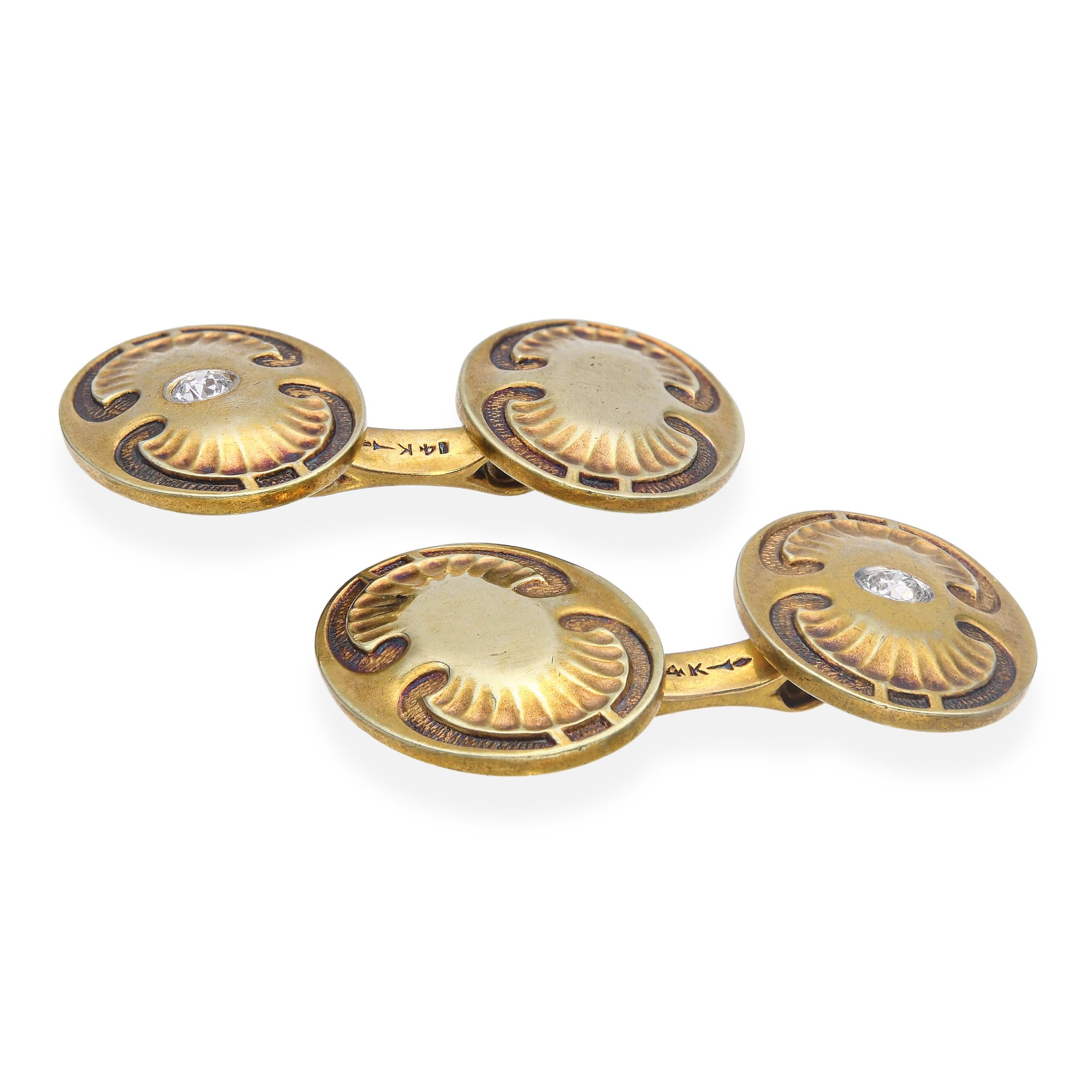 Antique Art Nuevo 14k Yellow Gold Diamond Motif Cufflinks