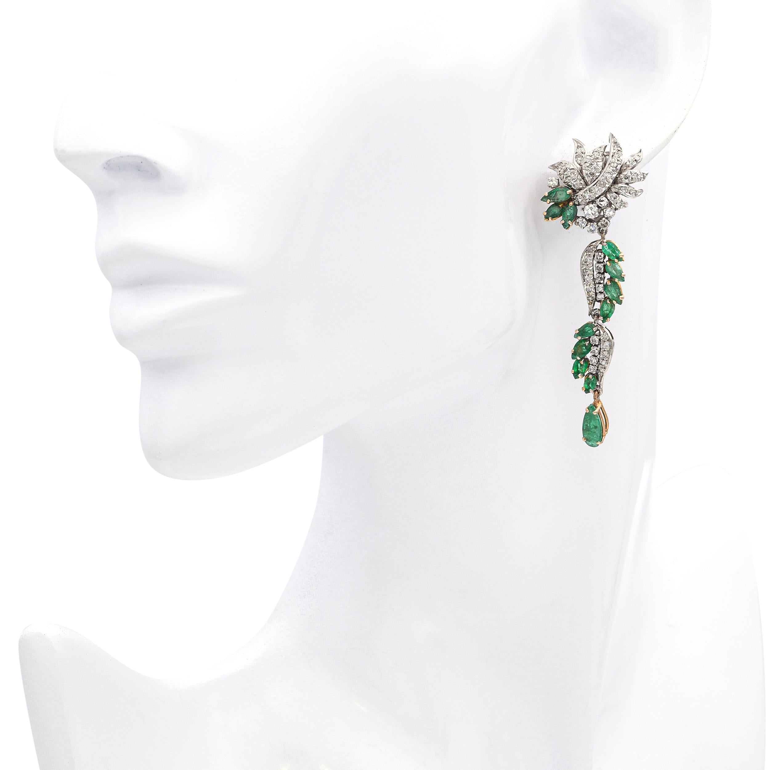 Vintage Yellow and White Gold Diamond and Emerald Statement Drop Earrings