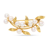 Vintage Mikimoto Yellow Gold Akoya Pearl Leaf Brooch