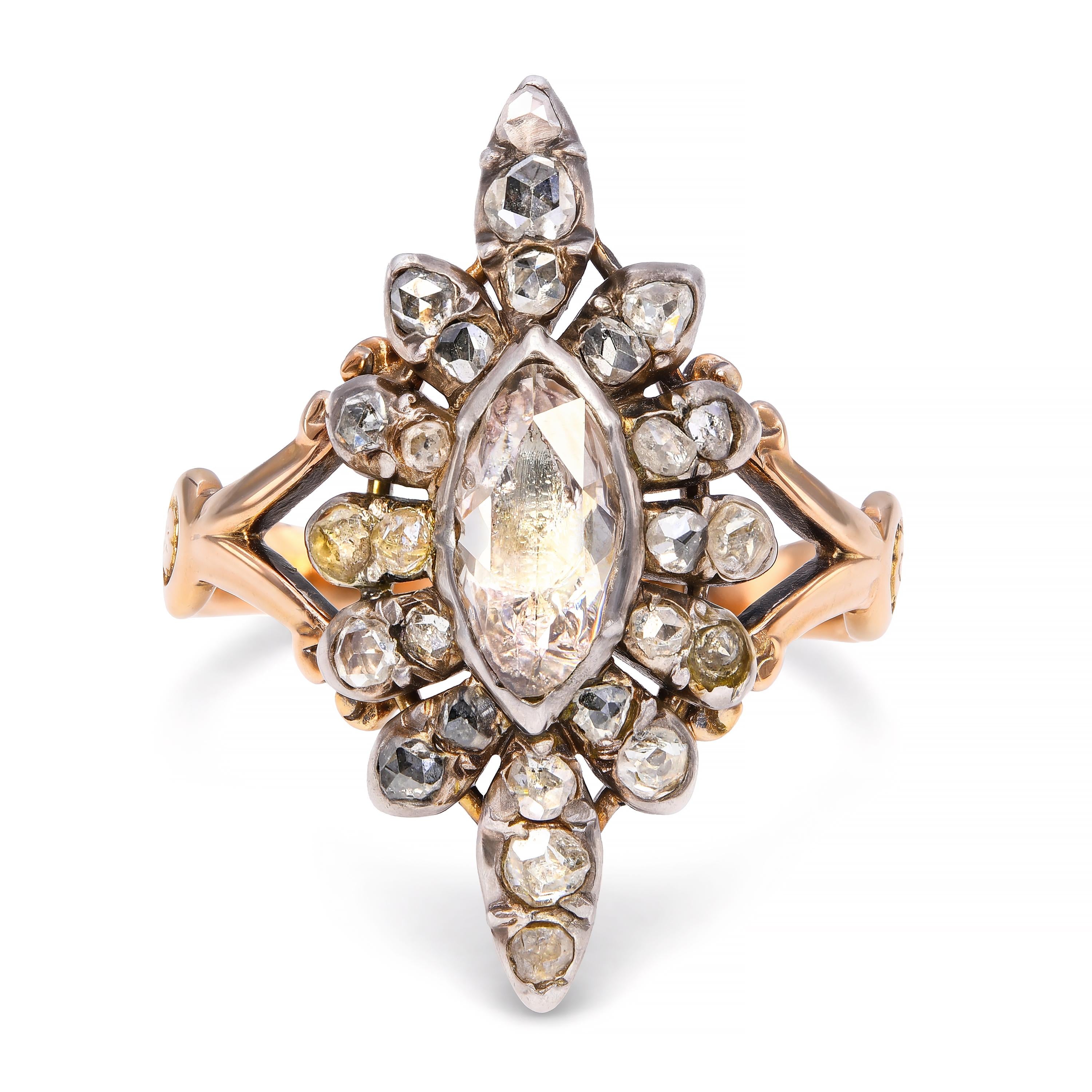 Antique Victorian Silver Topped Yellow Gold 1.10ctw Rose Cut Diamond Ring