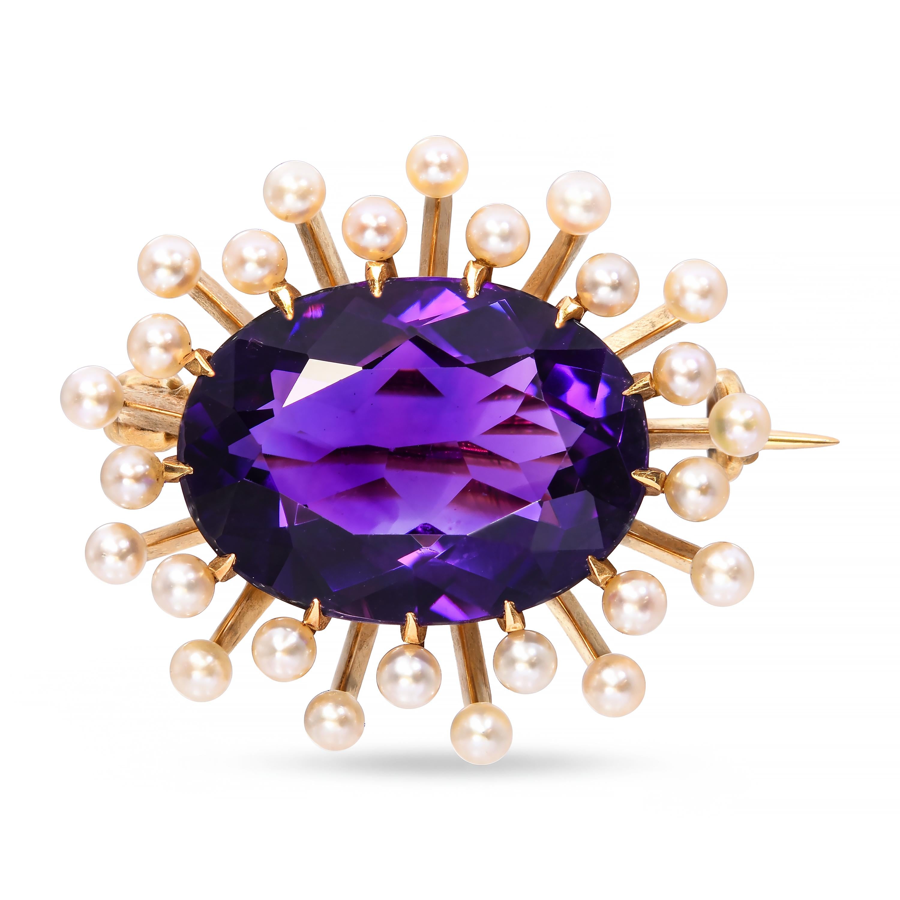 Antique 14k Yellow Gold 5.66ct Amethyst and Seed Pearl Brooch