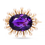 Antique 14k Yellow Gold 5.66ct Amethyst and Seed Pearl Brooch