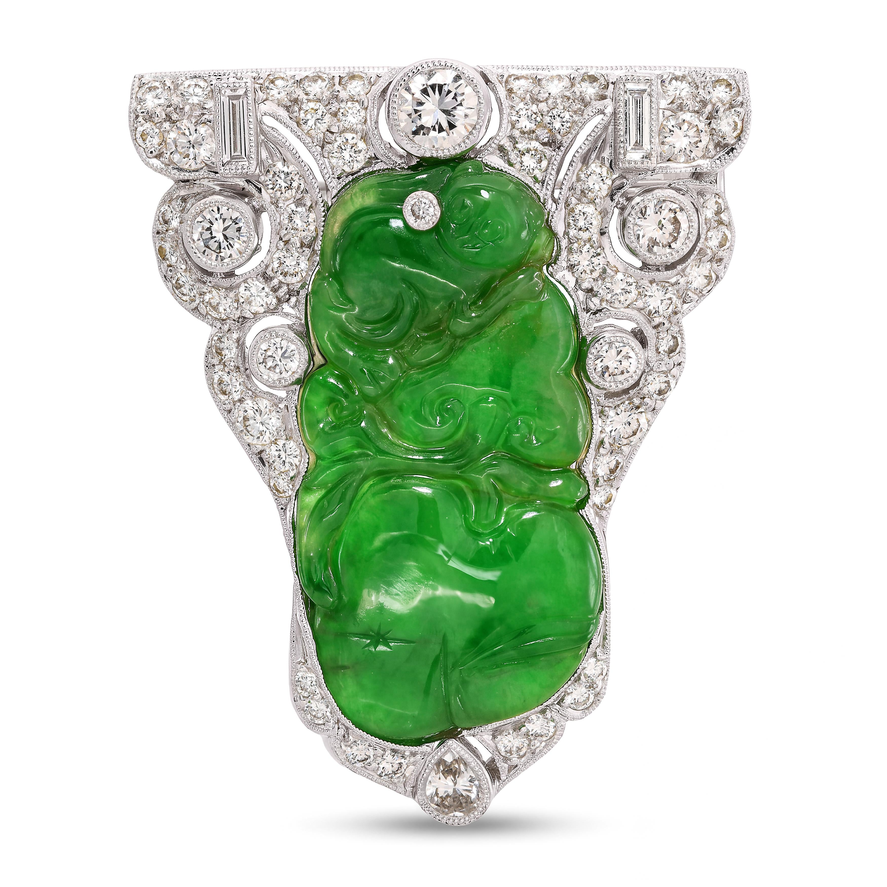 Vintage 18k White Gold Jadeite and Diamond Carved Monkey Brooch GIA Cert