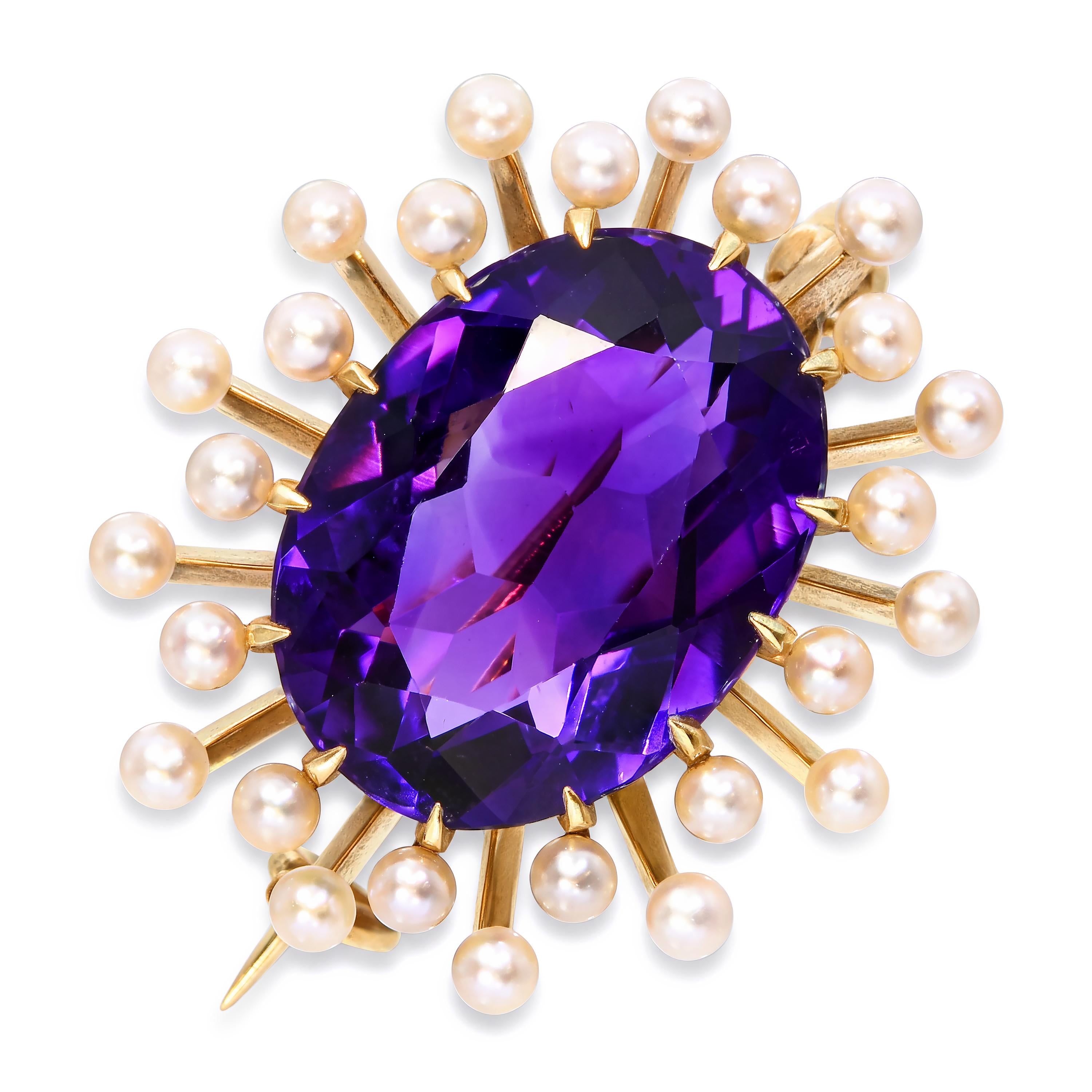 Antique 14k Yellow Gold 5.66ct Amethyst and Seed Pearl Brooch