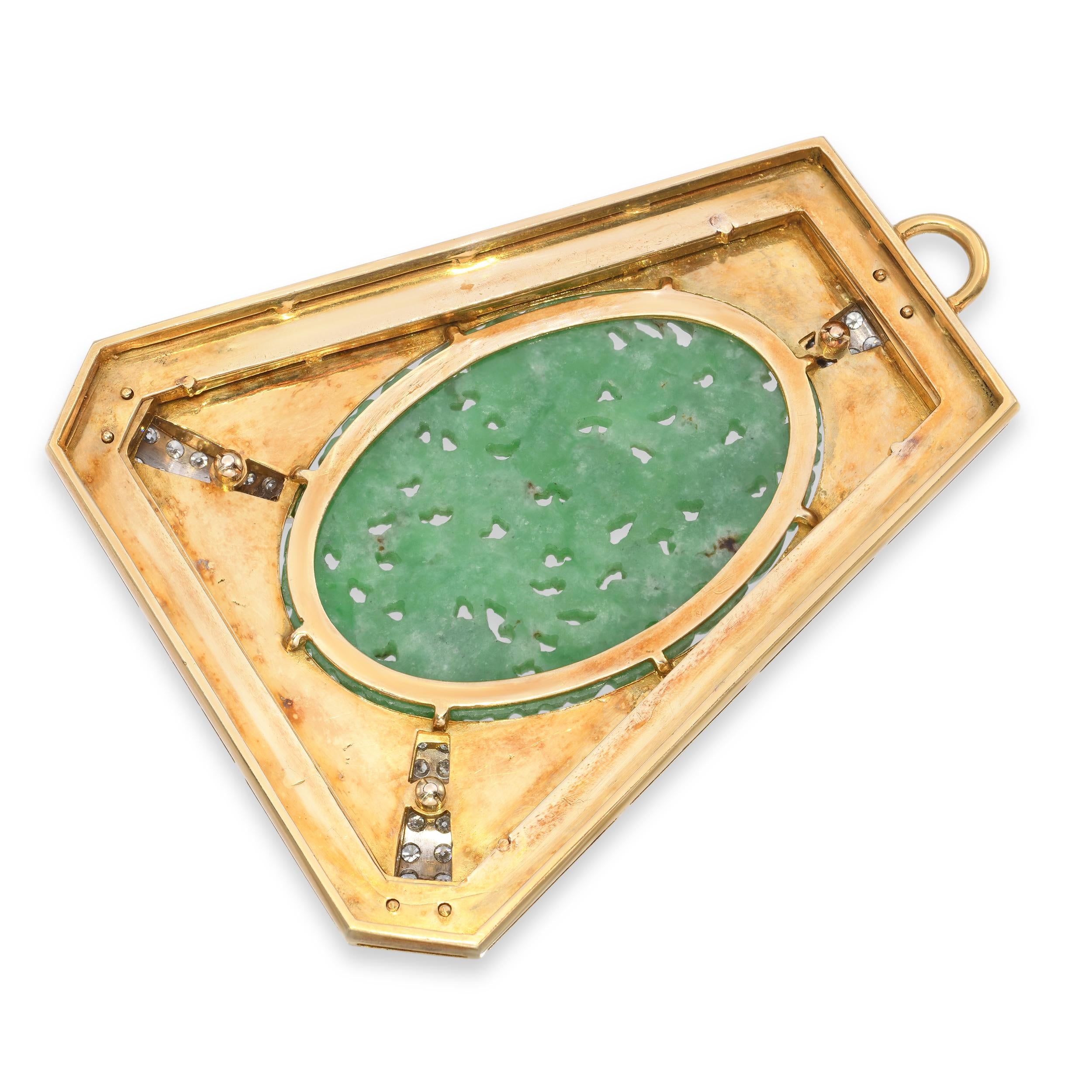 Vintage 17k Yellow Gold Floral Carved Jade and 1.68ctw Diamond Pendant