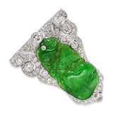 Vintage 18k White Gold Jadeite and Diamond Carved Monkey Brooch GIA Cert