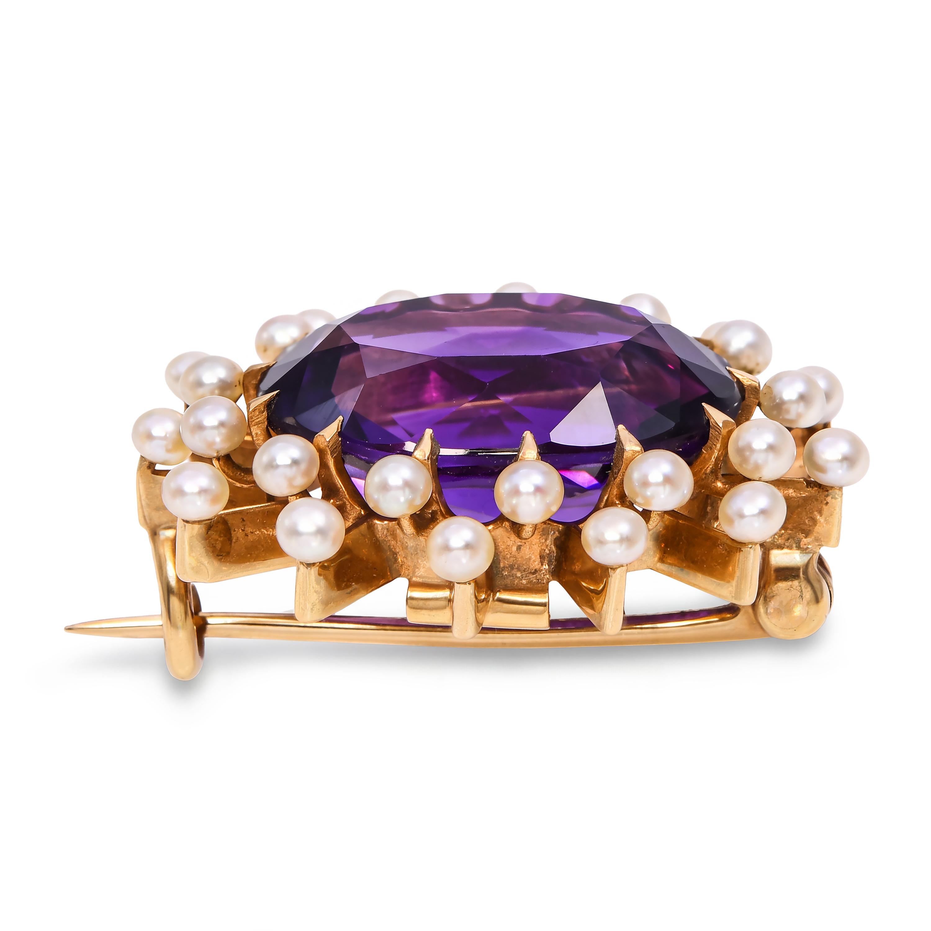 Antique 14k Yellow Gold 5.66ct Amethyst and Seed Pearl Brooch