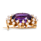Antique 14k Yellow Gold 5.66ct Amethyst and Seed Pearl Brooch