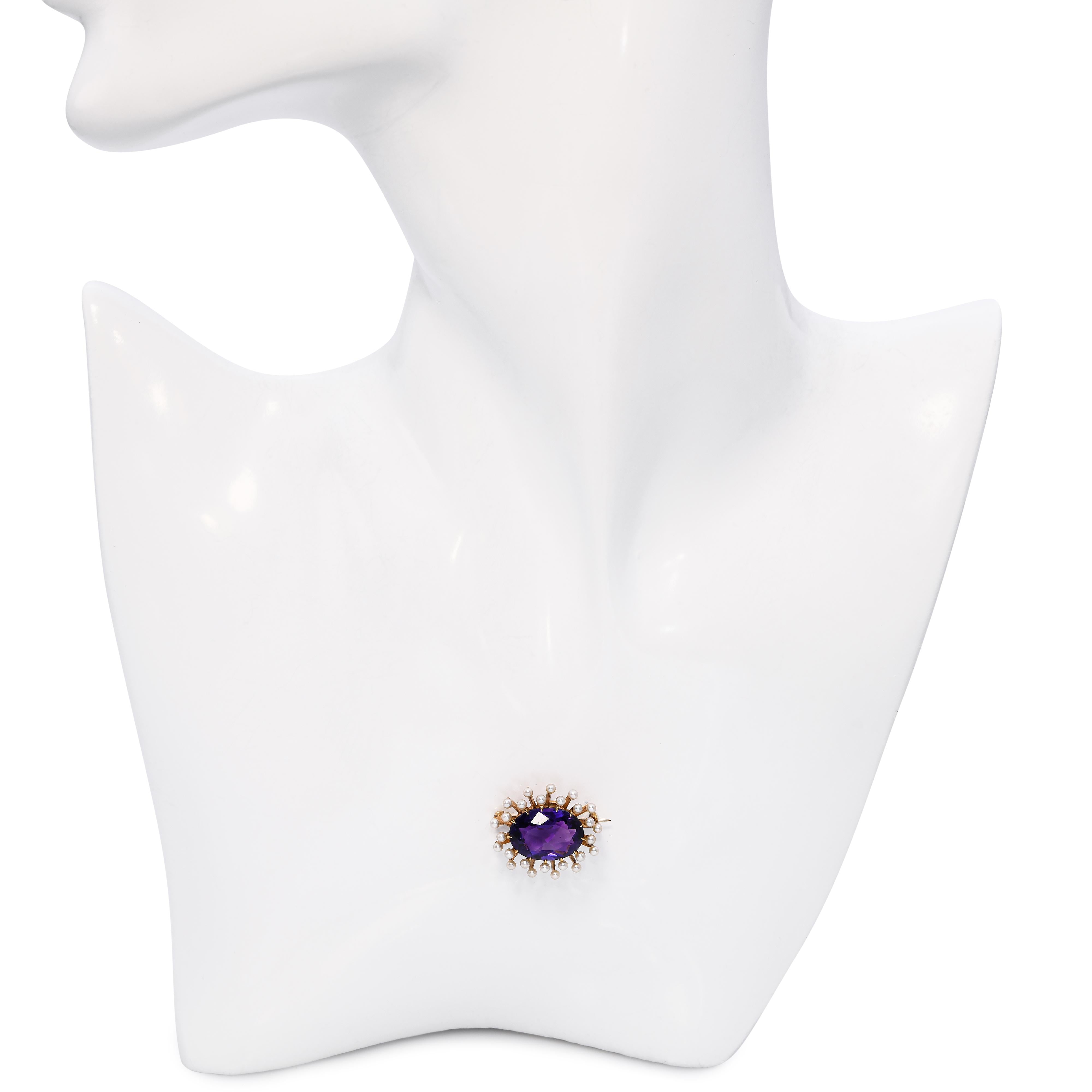 Antique 14k Yellow Gold 5.66ct Amethyst and Seed Pearl Brooch