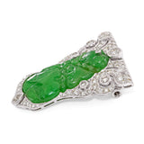 Vintage 18k White Gold Jadeite and Diamond Carved Monkey Brooch GIA Cert